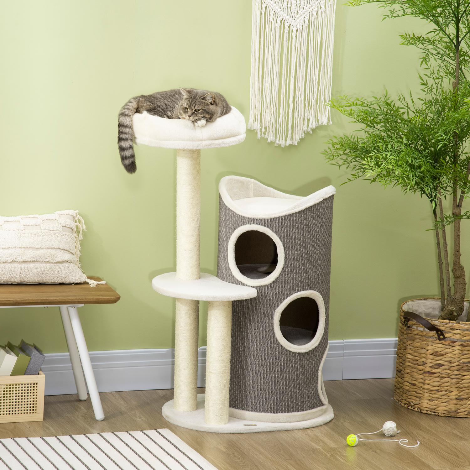 Kattträd 109cm med skrapfat & säng, grå/vit