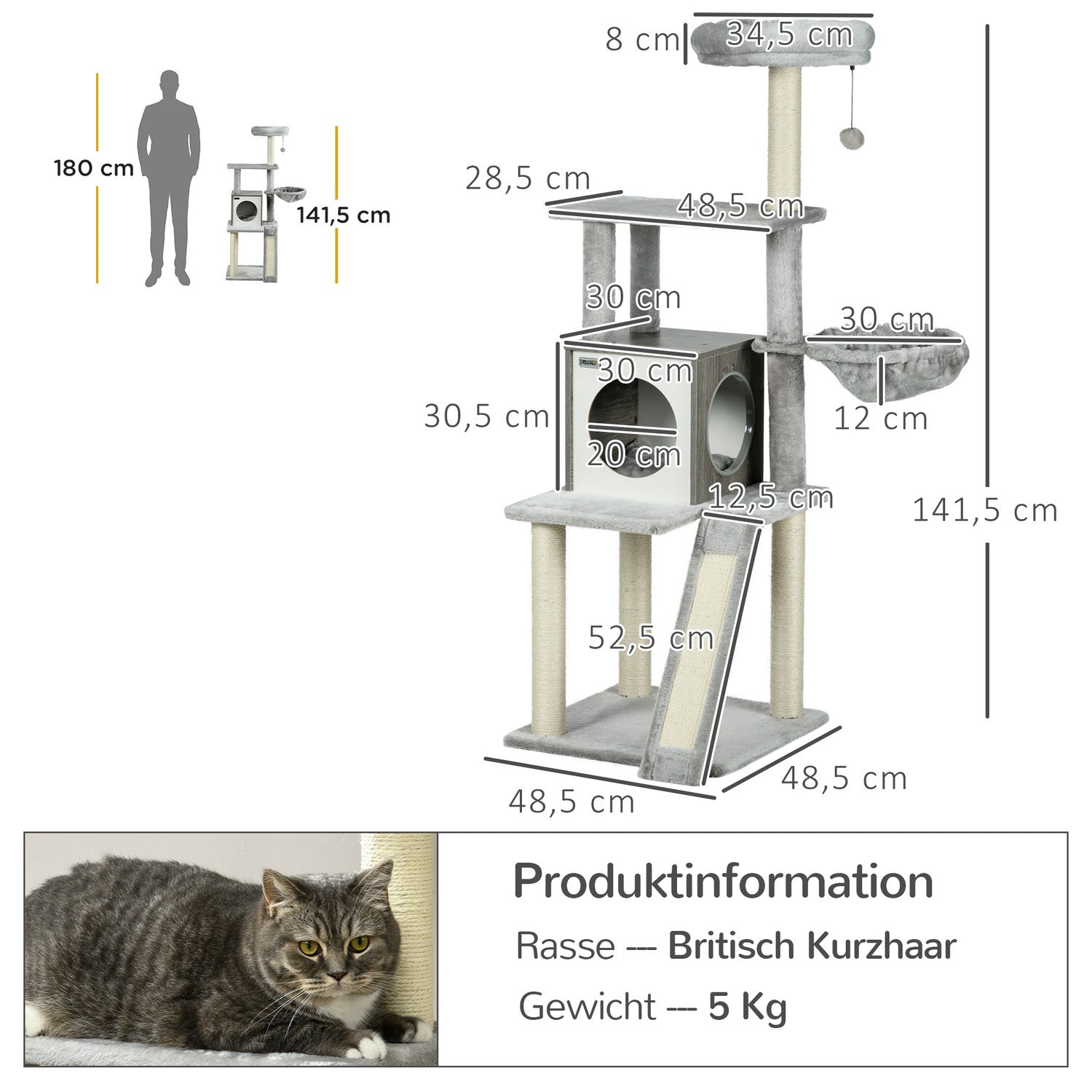 Kattträd 141,5 cm med grotta, lekboll, säng och sisal