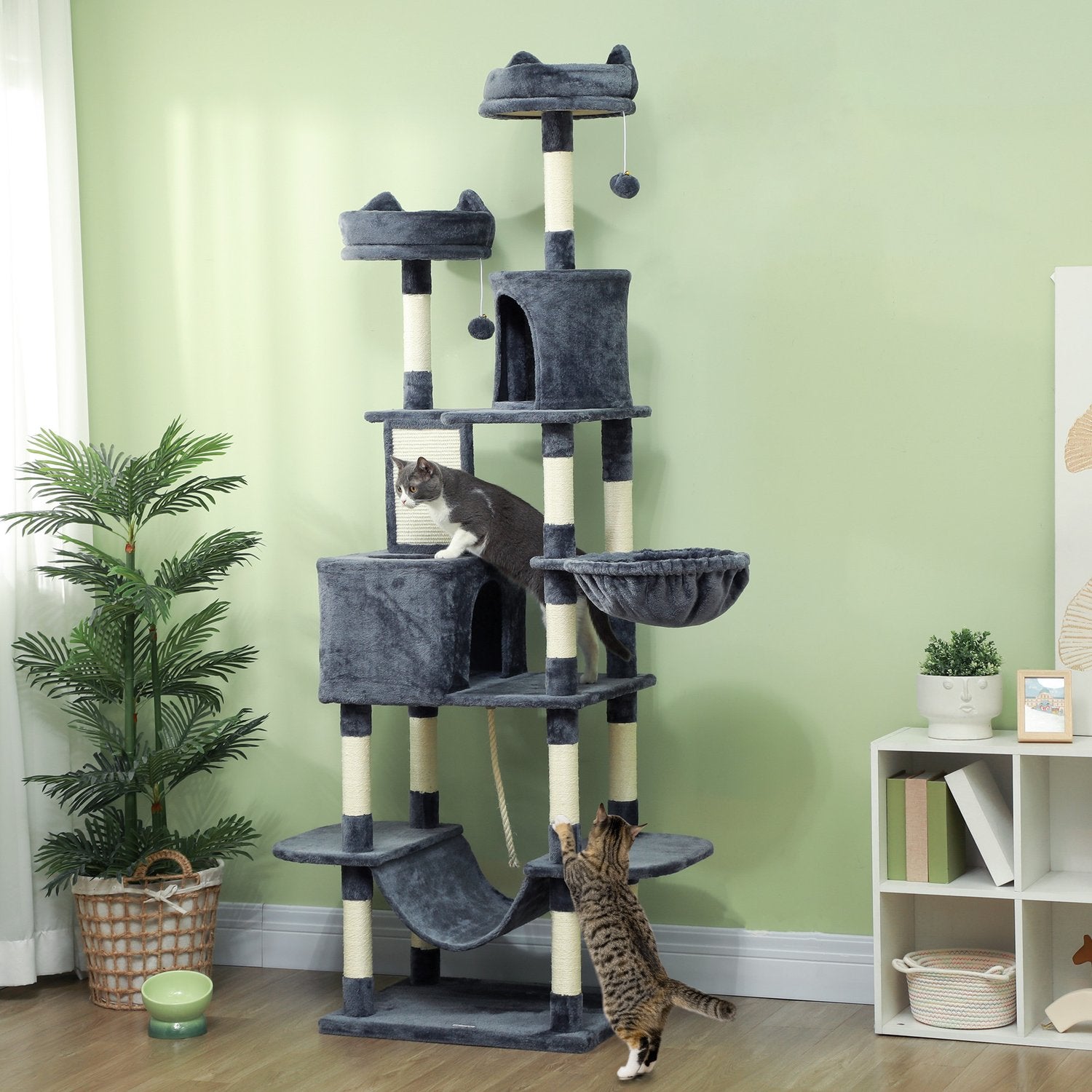Kattträd 206 cm katttorn med grotta, 2 lekbollar, sisalstolpar, plattform för stora katter, mörkgrå