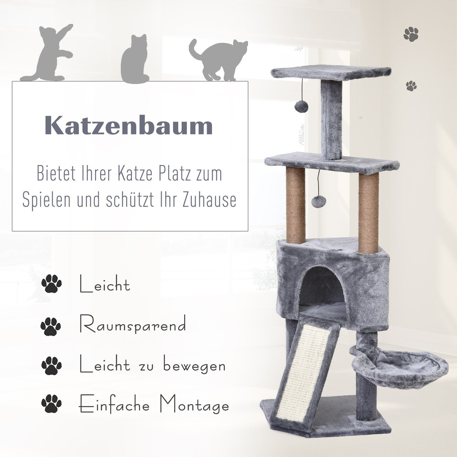 Kattträd, 4-vånings med hängande säng & sisalstolpar, grå