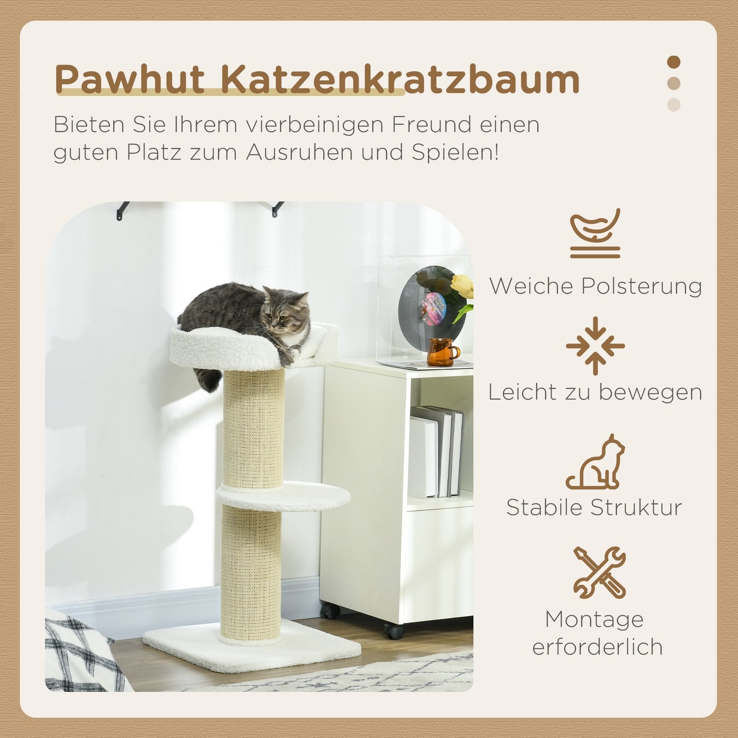 Kattträd 91cm lekträd med kattbädd, plattform lammullscreme