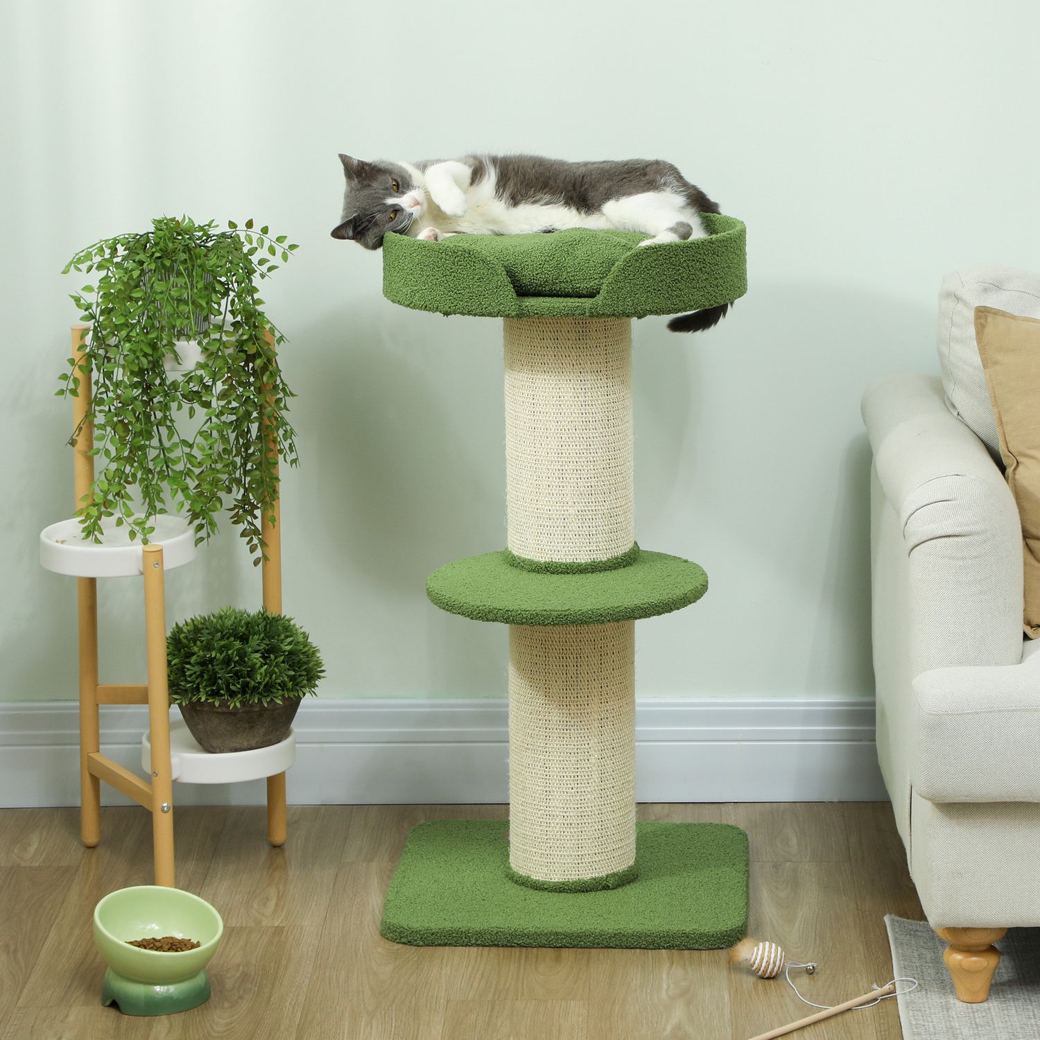 Kattträd 91cm med säng, plattformar, sisalstolpar, grönt