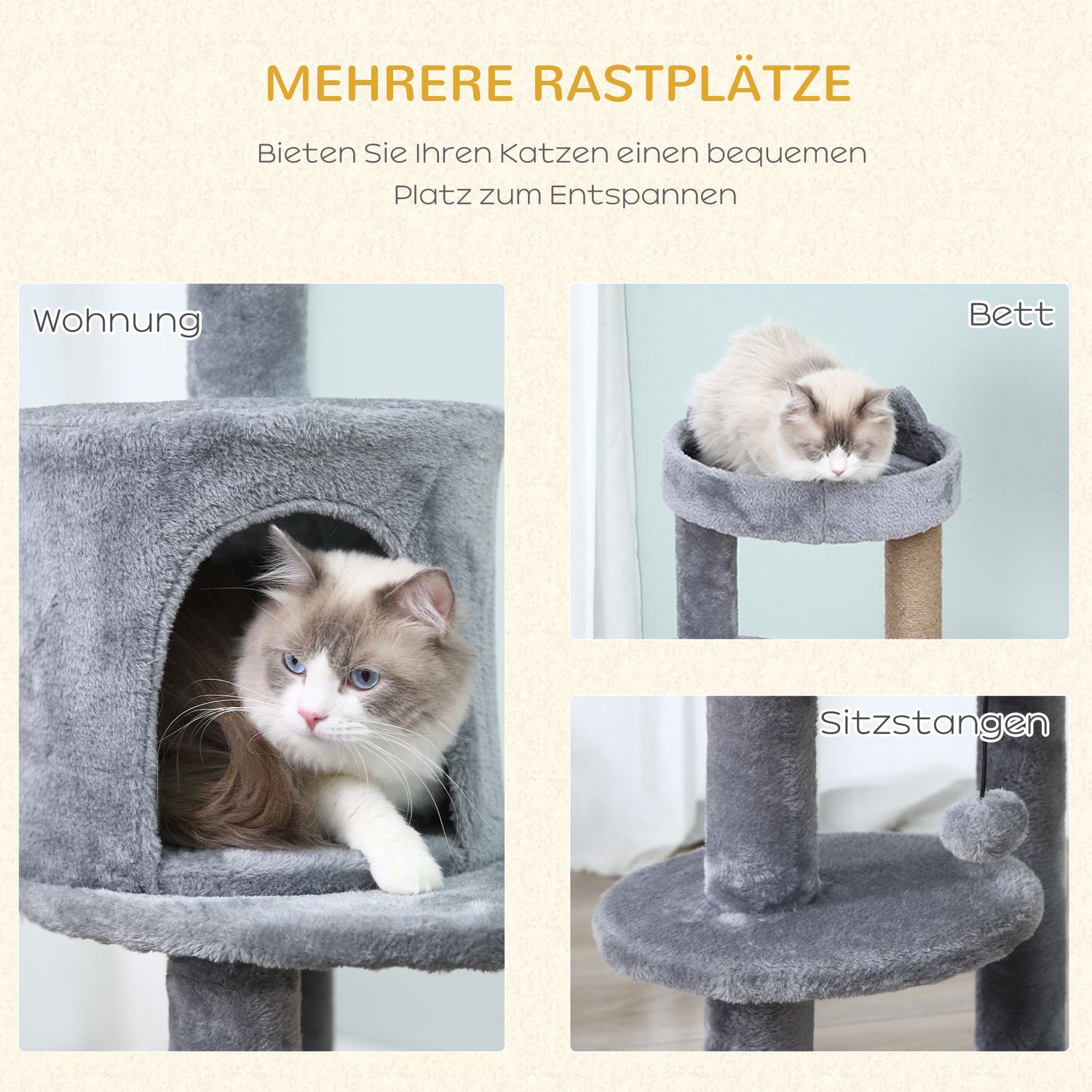 Kattträd i 4 nivåer, plyschgrotta, sisalskrapstolpar, lekbollar