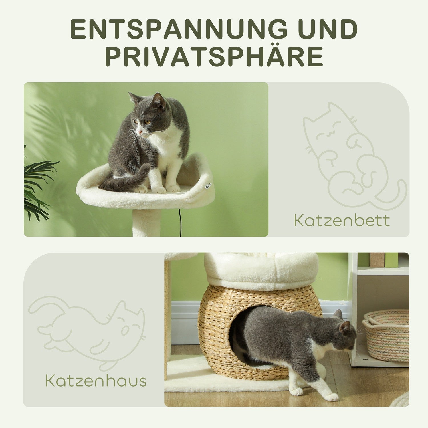 Kattträd med grotta och sängar, skrapstolpar, kräm, upp till 5 kg