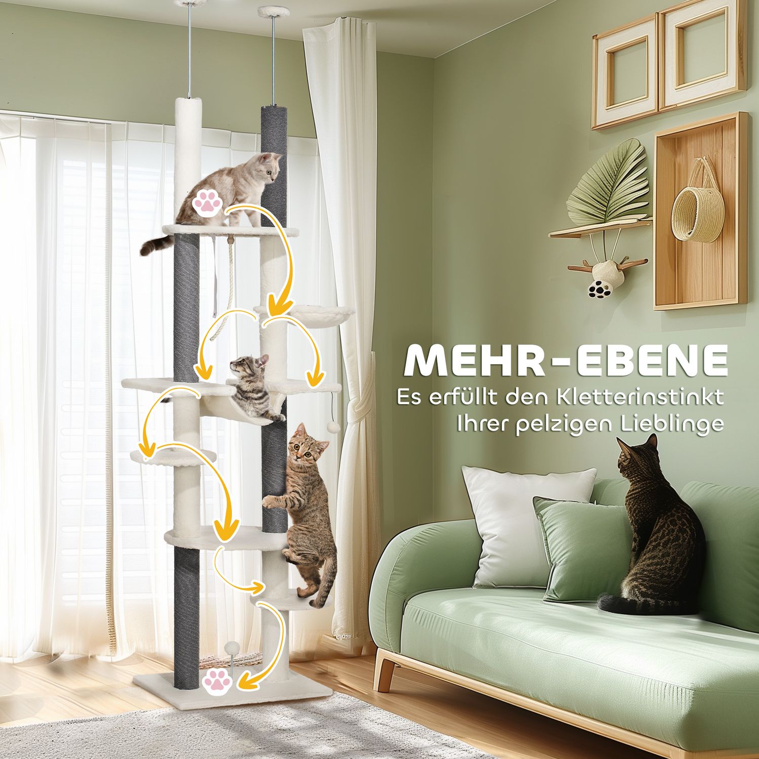 Kattträd med högt i tak, 225-255 cm, med hängmattor och korgar