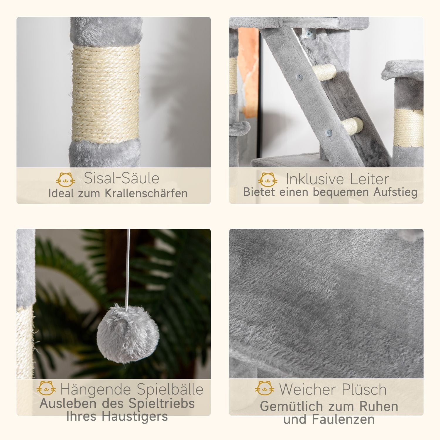 Kattträd med högt i tak med sisal, 60x45x240-260cm, grått