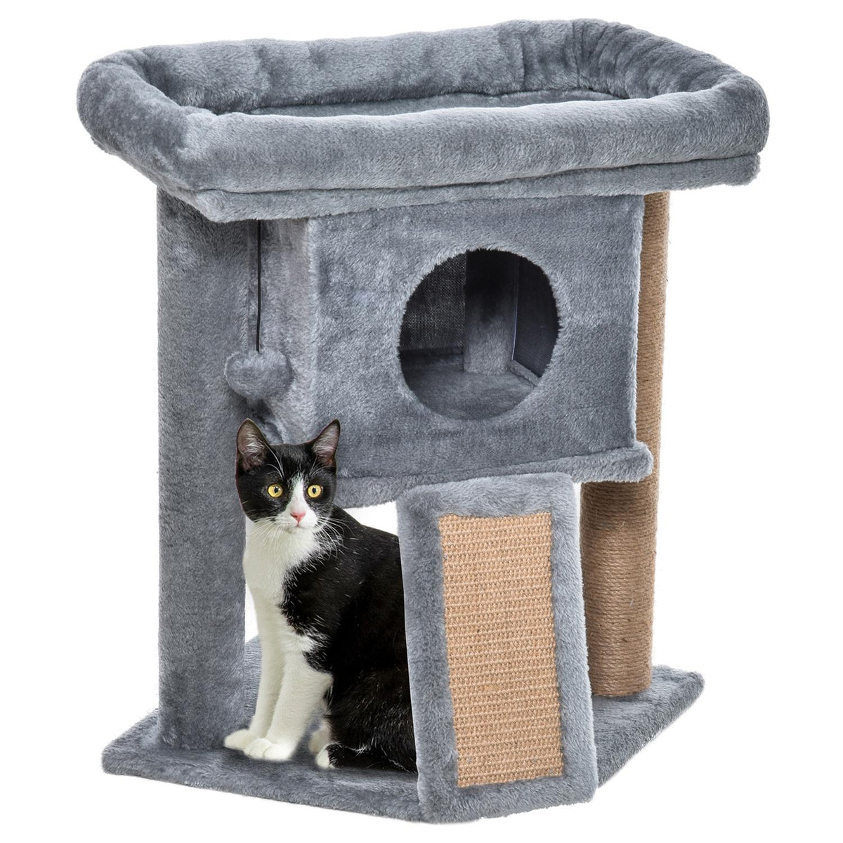 Kattträd med juteskrapsmatta och lekfunktioner, ljusgrå