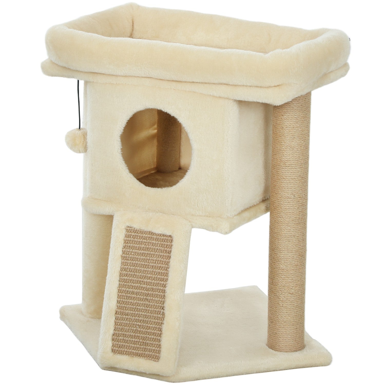 Kattträd med juteskrapsmatta, säng, leksaksboll, beige