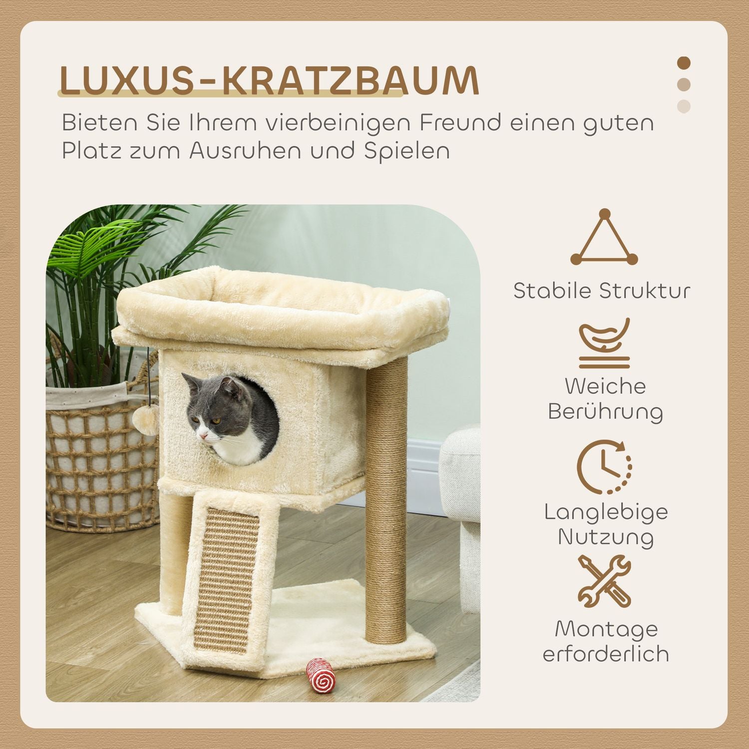 Kattträd med juteskrapsmatta, säng, leksaksboll, beige