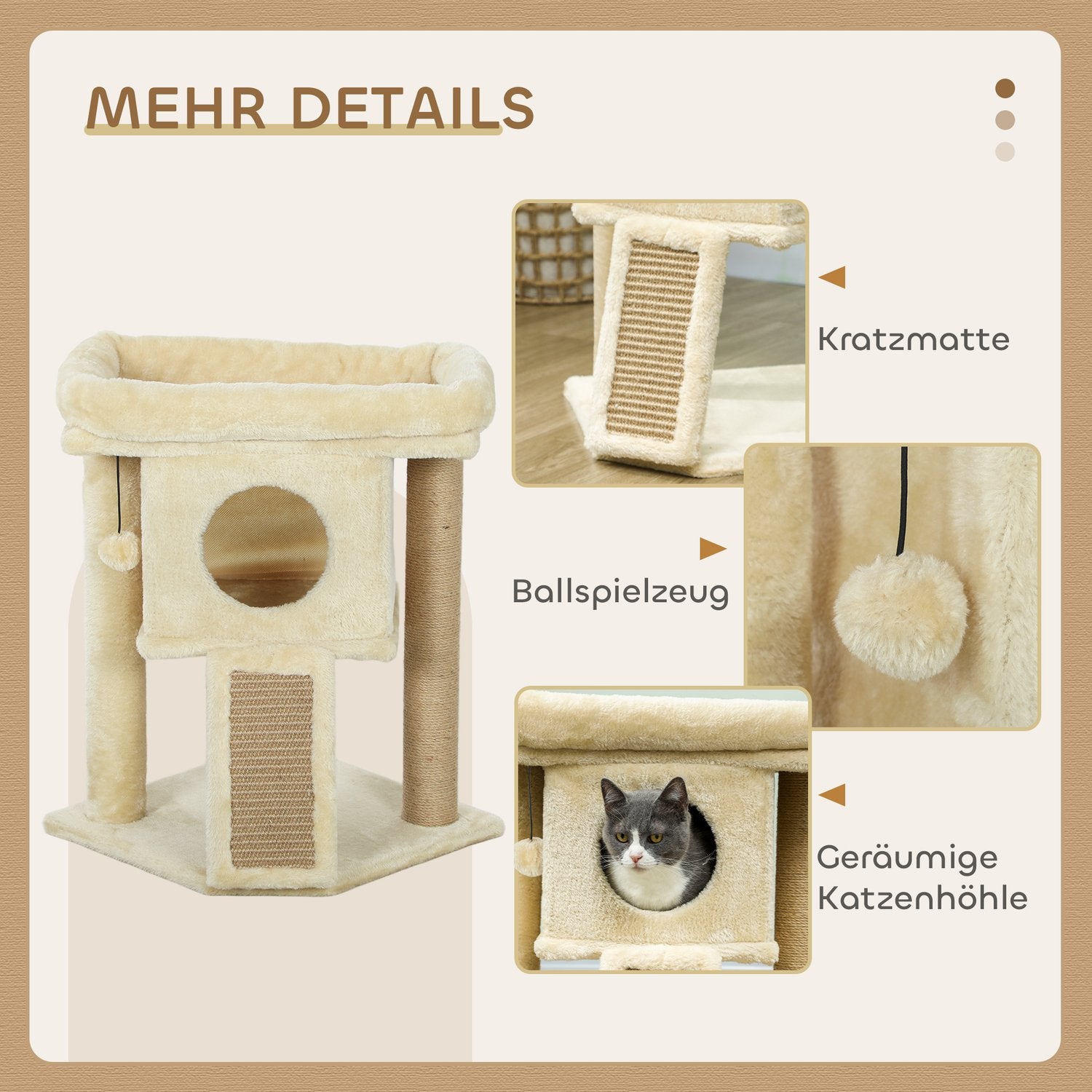 Kattträd med juteskrapsmatta, säng, leksaksboll, beige