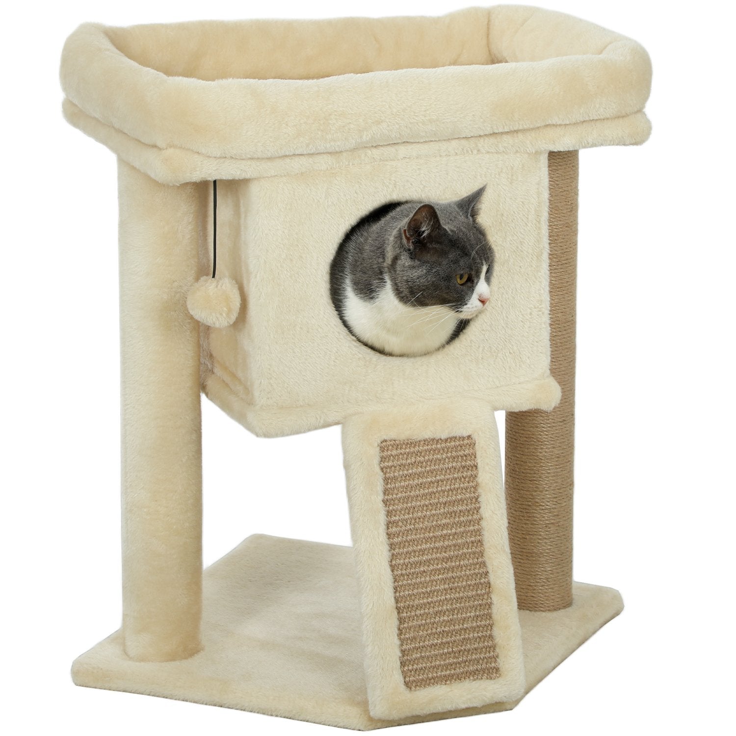Kattträd med juteskrapsmatta, säng, leksaksboll, beige