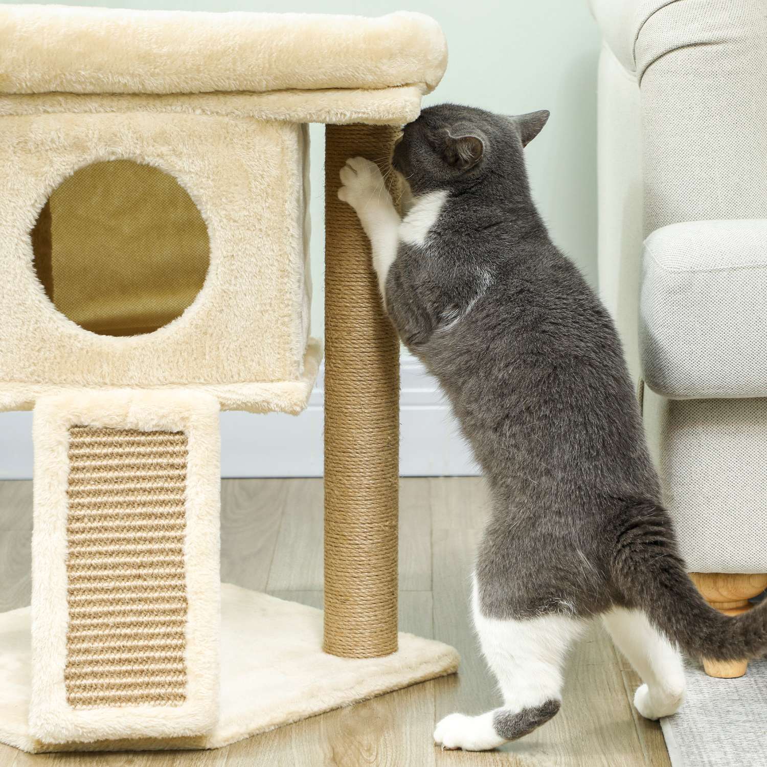 Kattträd med juteskrapsmatta, säng, leksaksboll, beige
