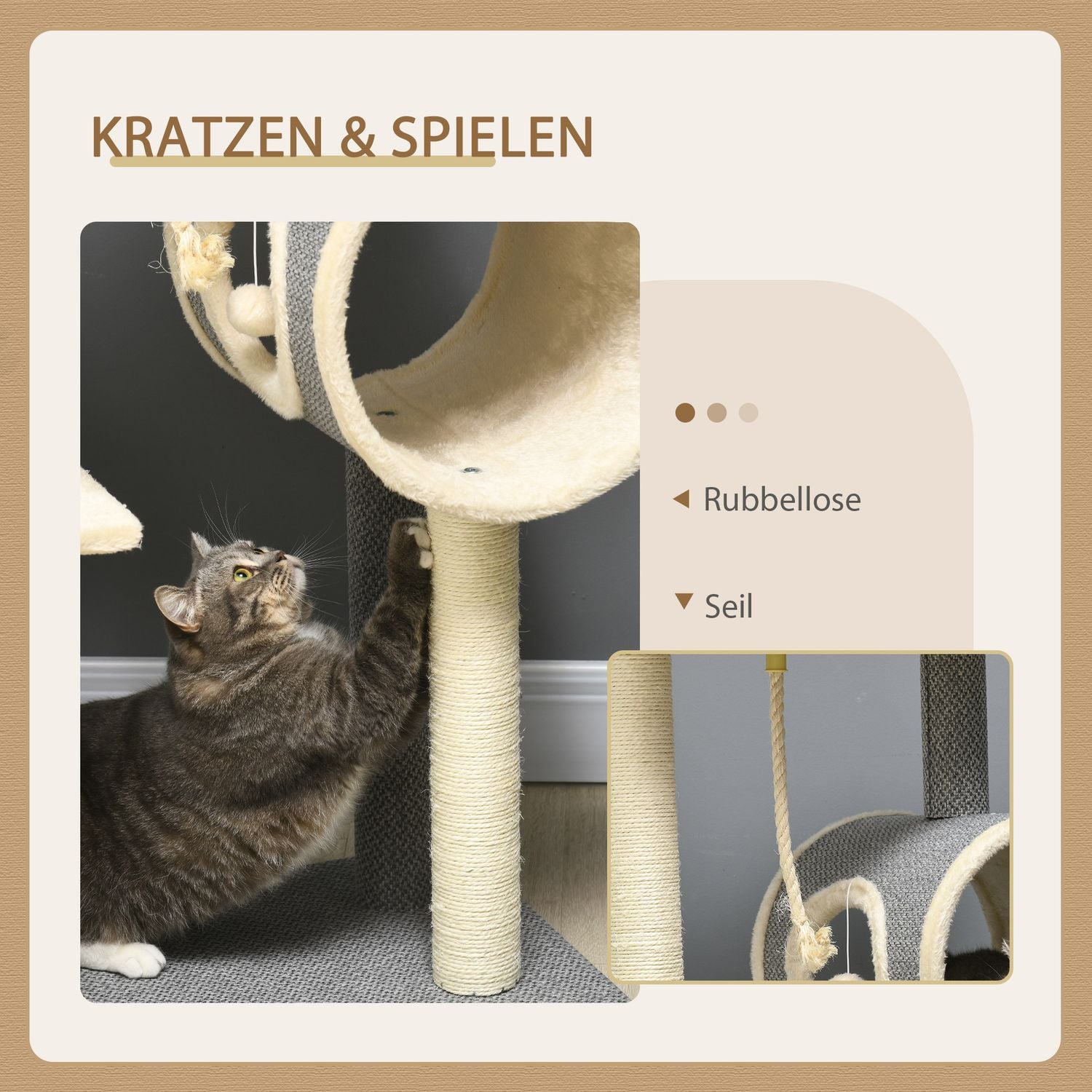 Kattträd med sisal skrapstolpe, lekboll och sängar, grå