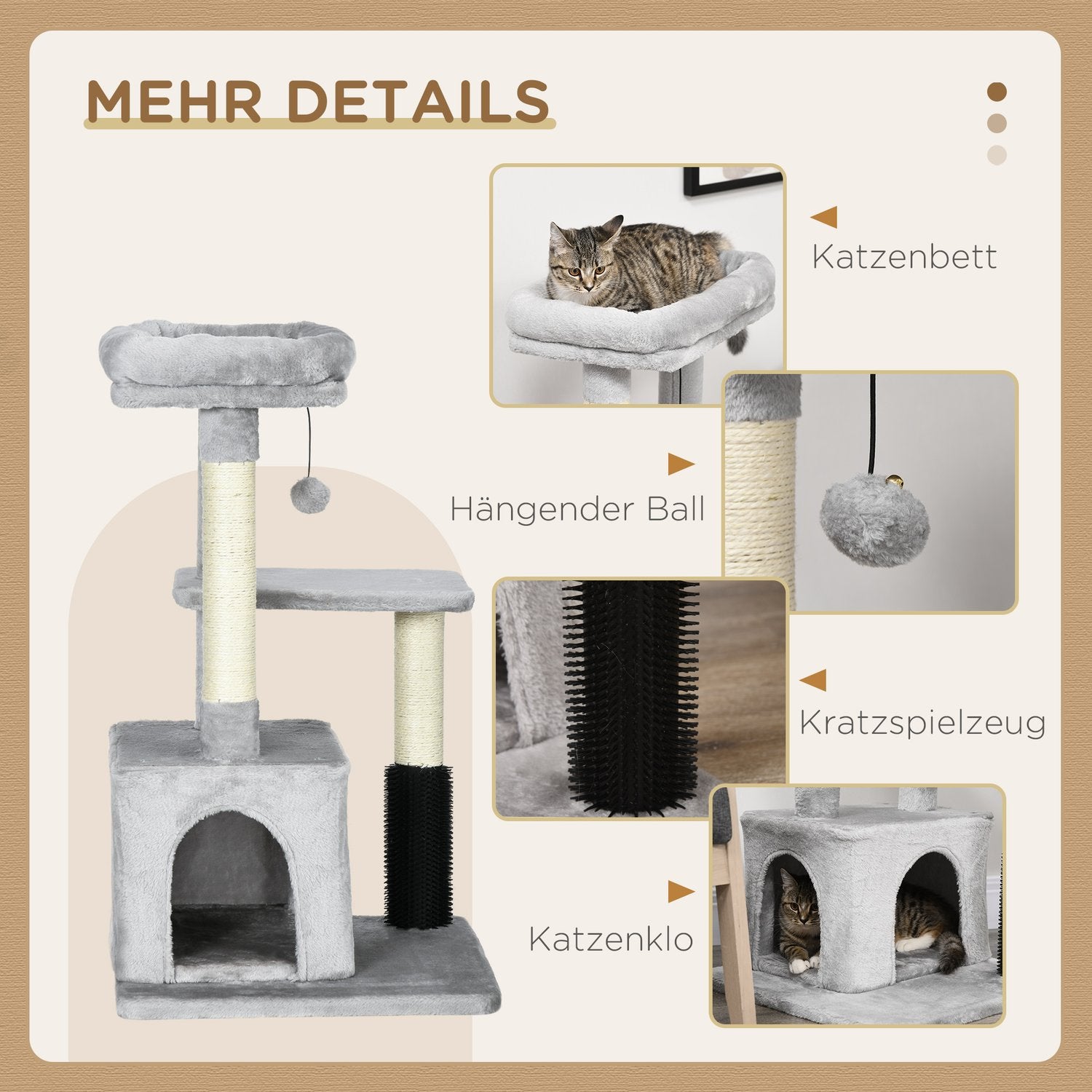 Kattträd med skrabbstänger, kattgrotta & massage, grå