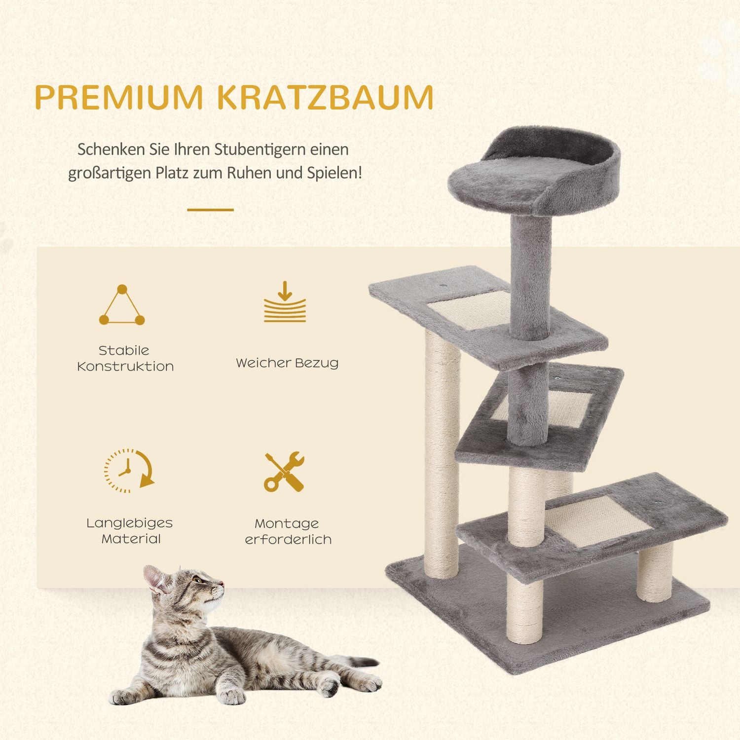 Kattträd med skrapstolpe, 5 nivåer, beige/grå