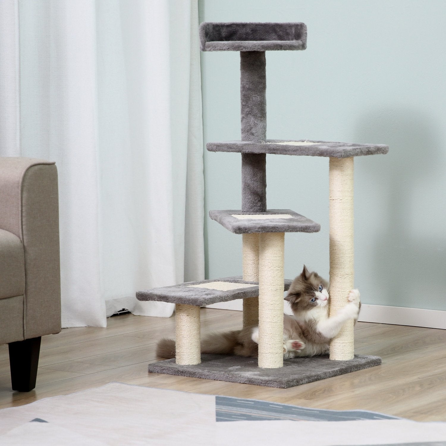 Kattträd med skrapstolpe, 5 nivåer, beige/grå