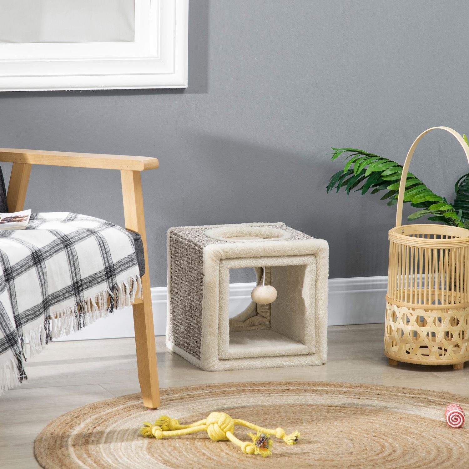 Katttunnelleksak med sisal och lekboll - Brun/Beige 98cm