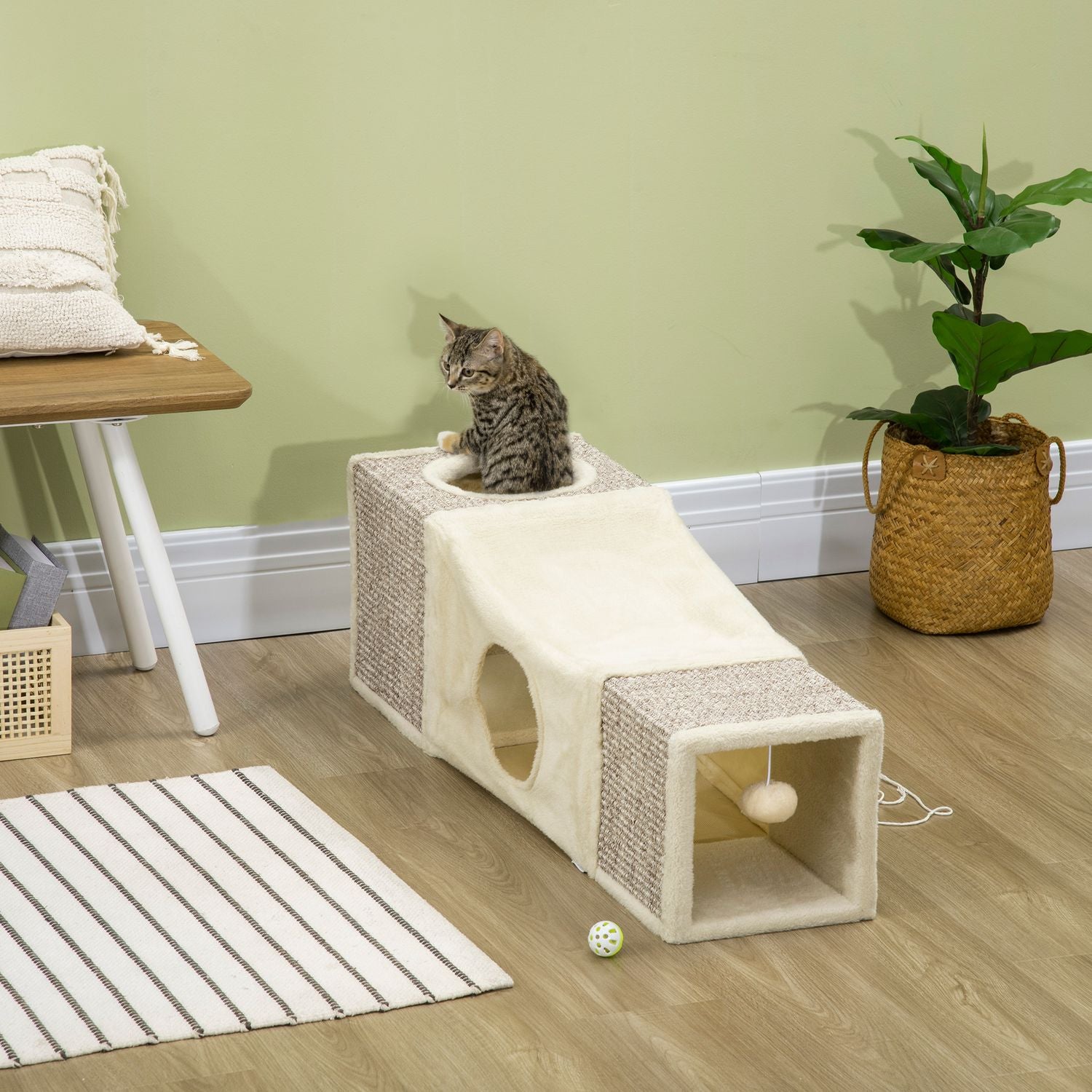 Katttunnelleksak med sisal och lekboll - Brun/Beige 98cm
