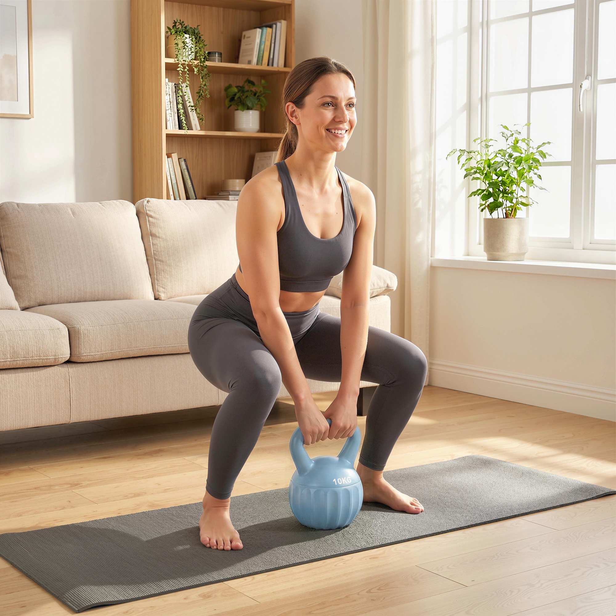 Kettlebell 10 kg, sandfylld, halkfritt grepp, blå