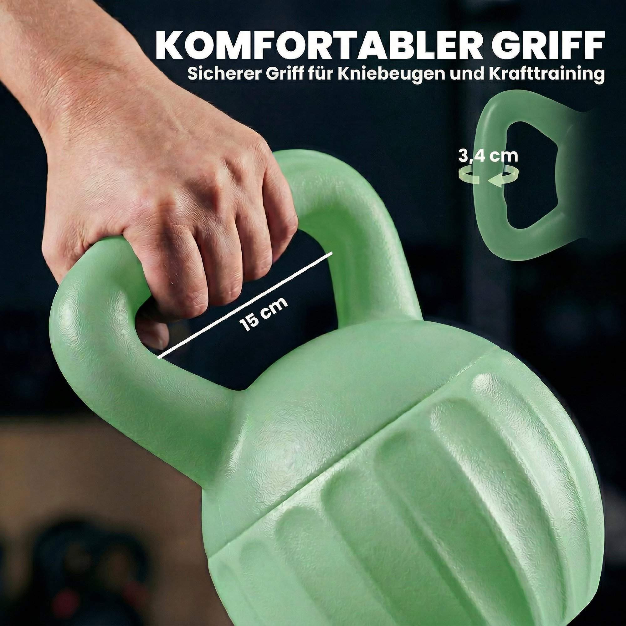 Kettlebell 10kg sandfylld, halkfritt grepp, grön