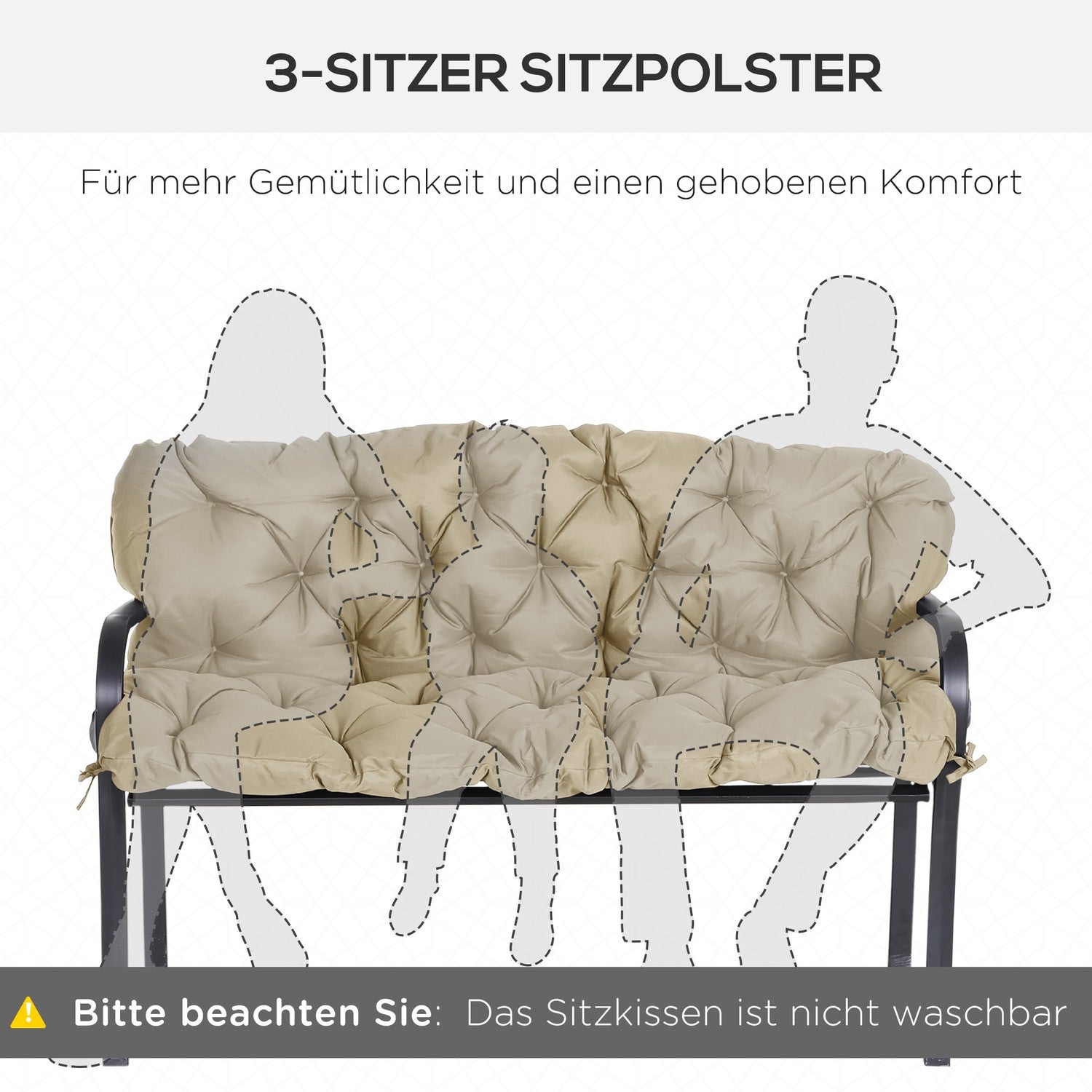 Khaki 3-sits bänkkudde med remmar, utomhus/inomhus