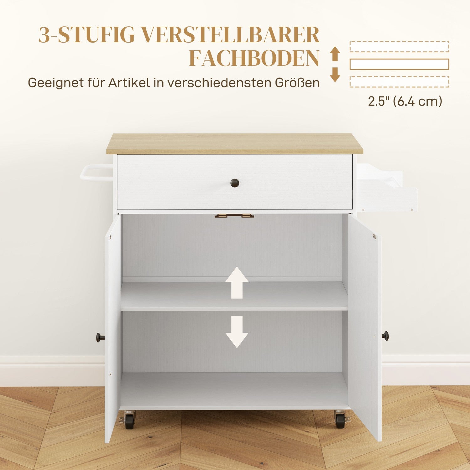 White Kitchen Island Trolley med hjul, kryddställ & förvaring