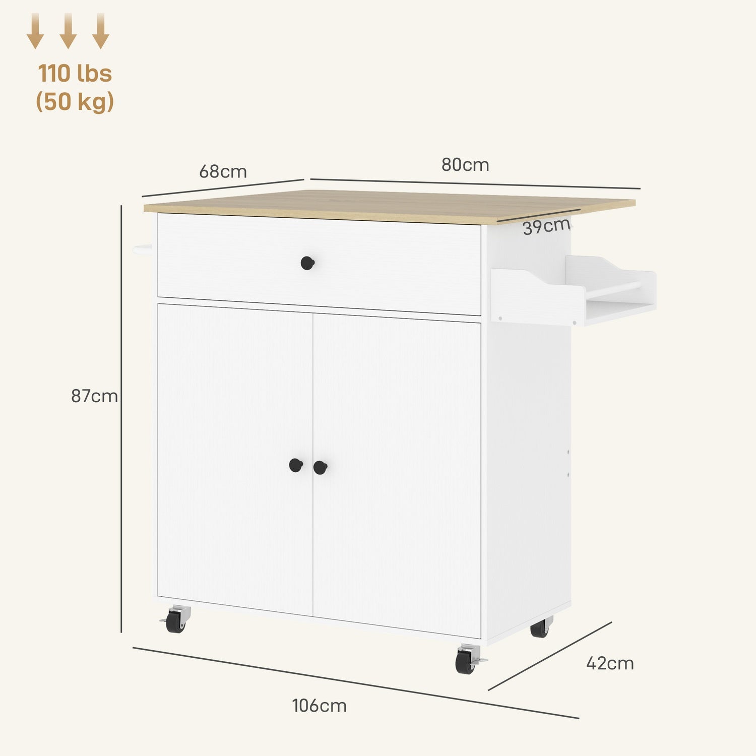 White Kitchen Island Trolley med hjul, kryddställ & förvaring