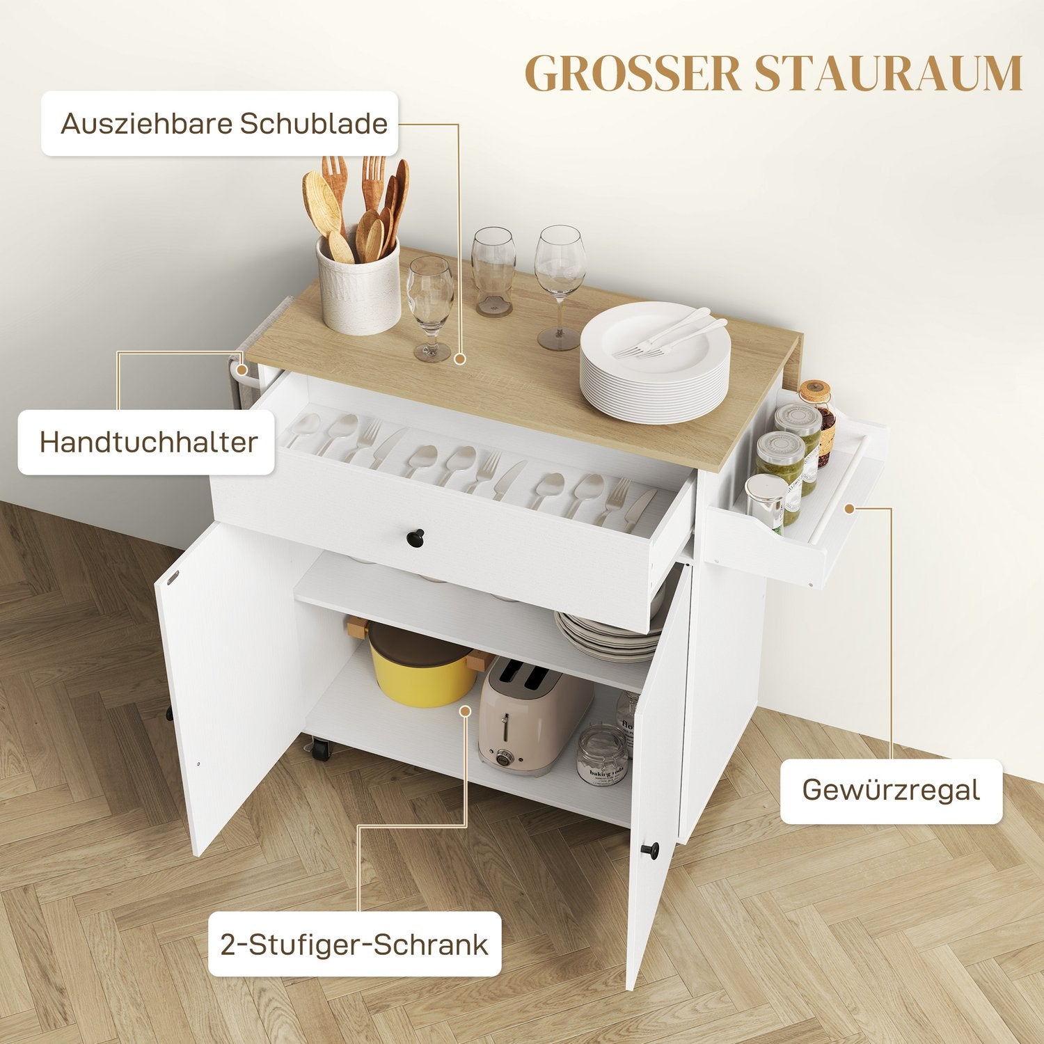 White Kitchen Island Trolley med hjul, kryddställ & förvaring