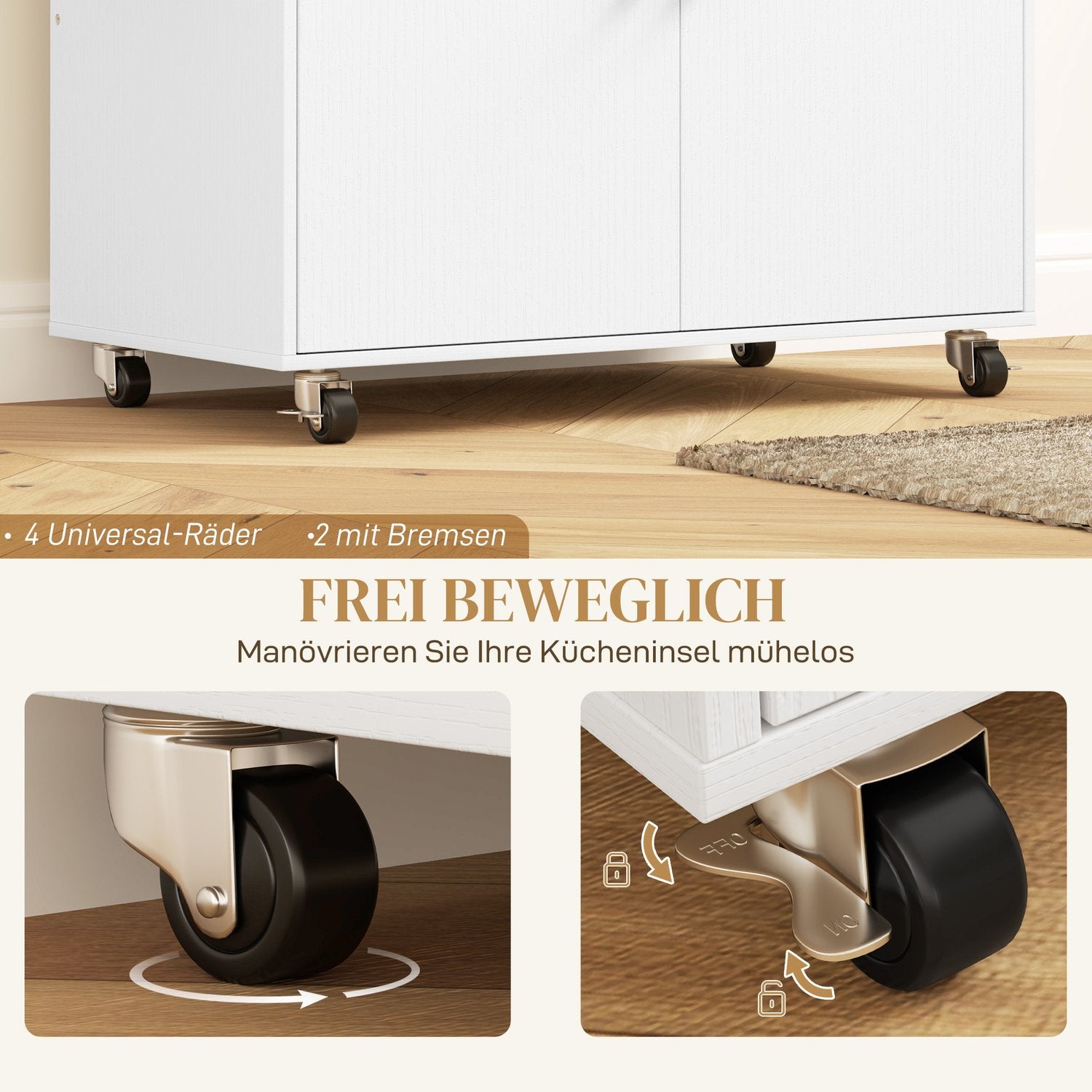 White Kitchen Island Trolley med hjul, kryddställ & förvaring