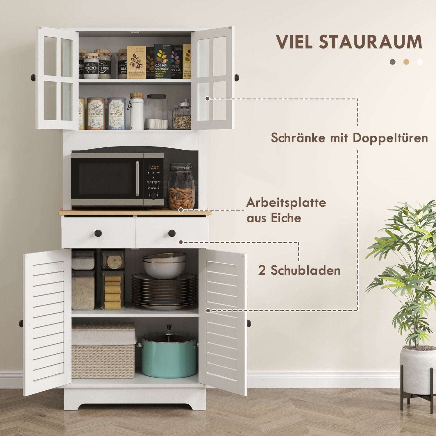 Högt vitt köksbufféskåp, ställbara hyllplan, 170 cm