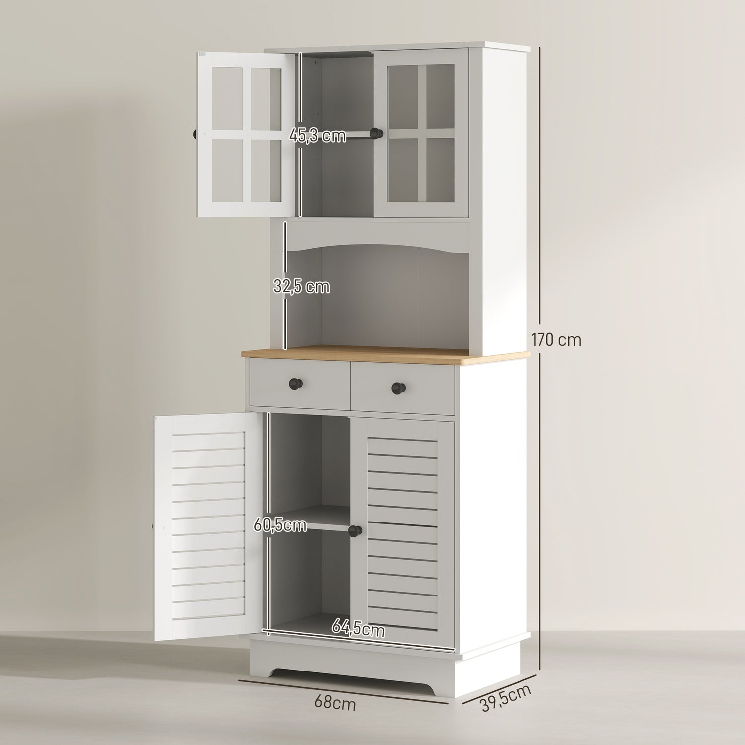 Högt vitt köksbufféskåp, ställbara hyllplan, 170 cm