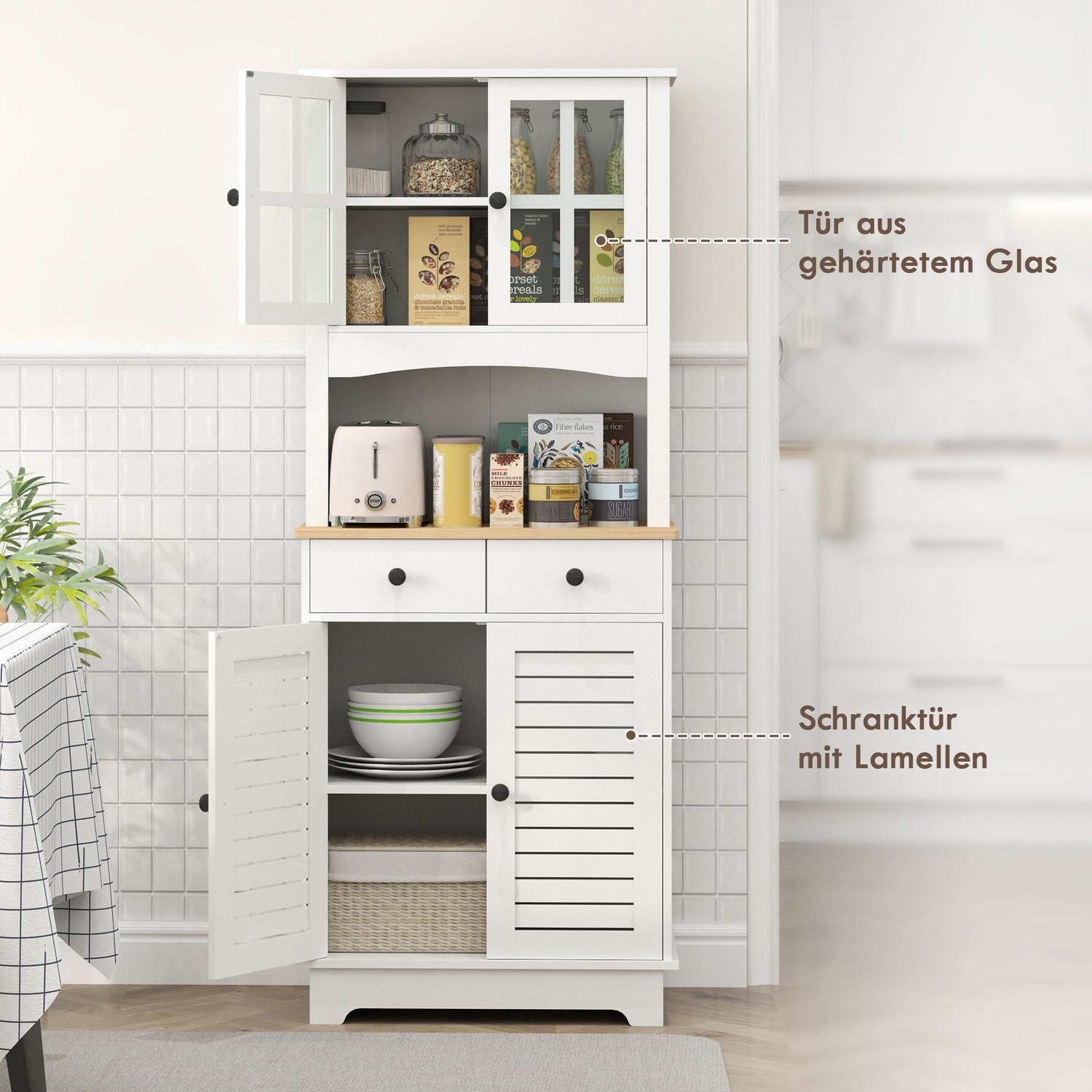 Högt vitt köksbufféskåp, ställbara hyllplan, 170 cm