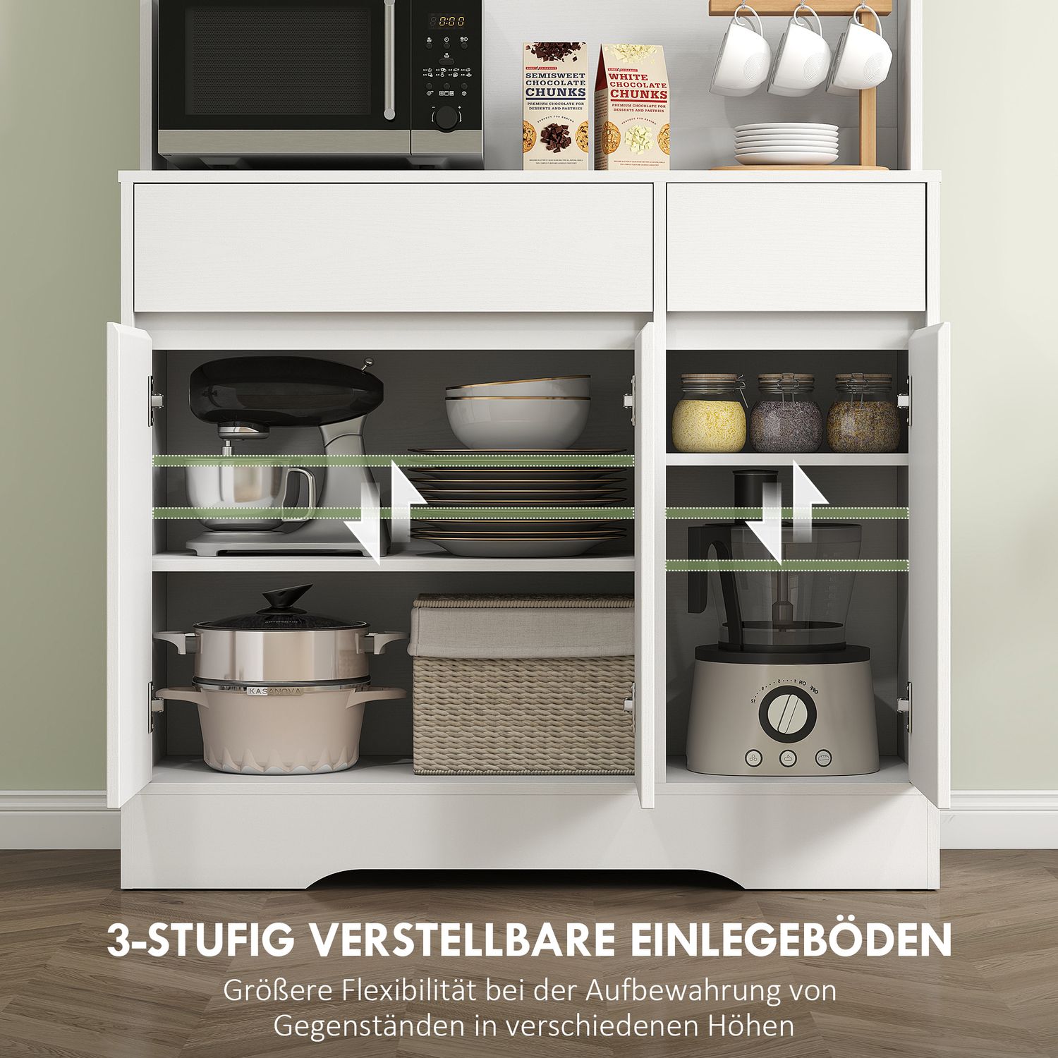 Köksskåp med öppen arbetsyta, 6 luckor, 2 lådor, justerbara hyllplan, kabelhål, spånskiva, vit