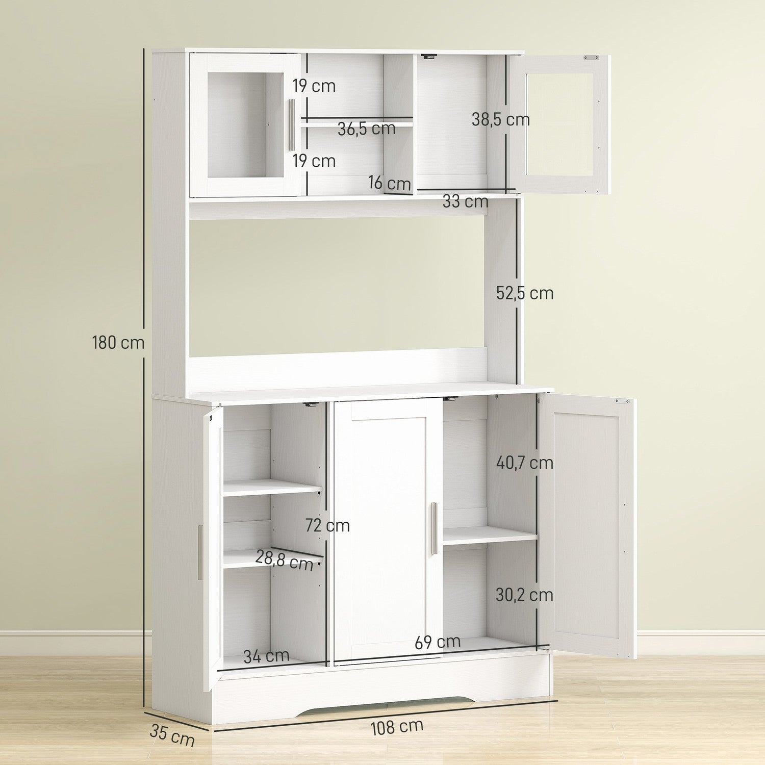Köksskåp, skandinavisk design, 4 skåp, justerbara hyllplan, glasdörrar, öppen yta, spånskiva, MDF, vit