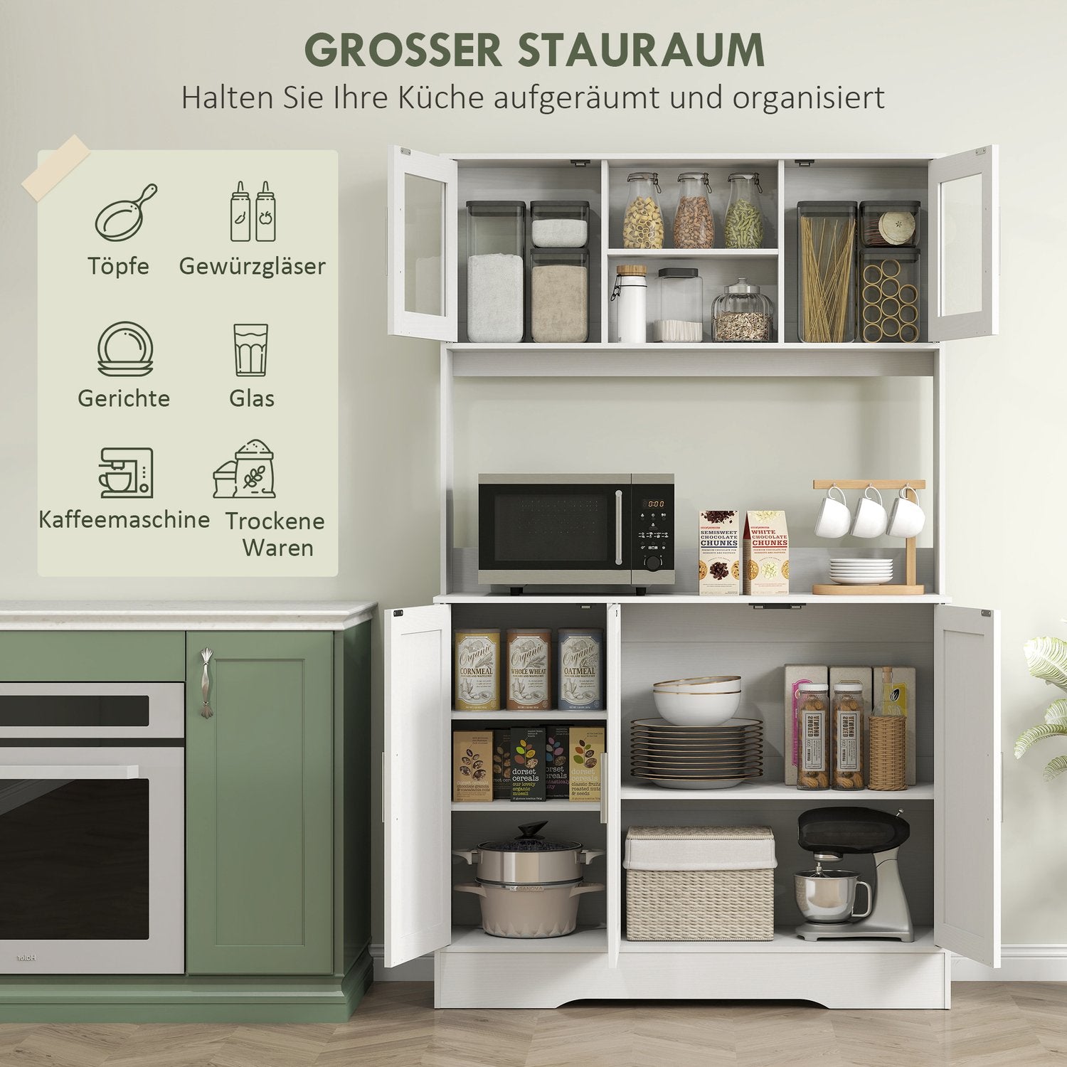 Köksskåp, skandinavisk design, 4 skåp, justerbara hyllplan, glasdörrar, öppen yta, spånskiva, MDF, vit