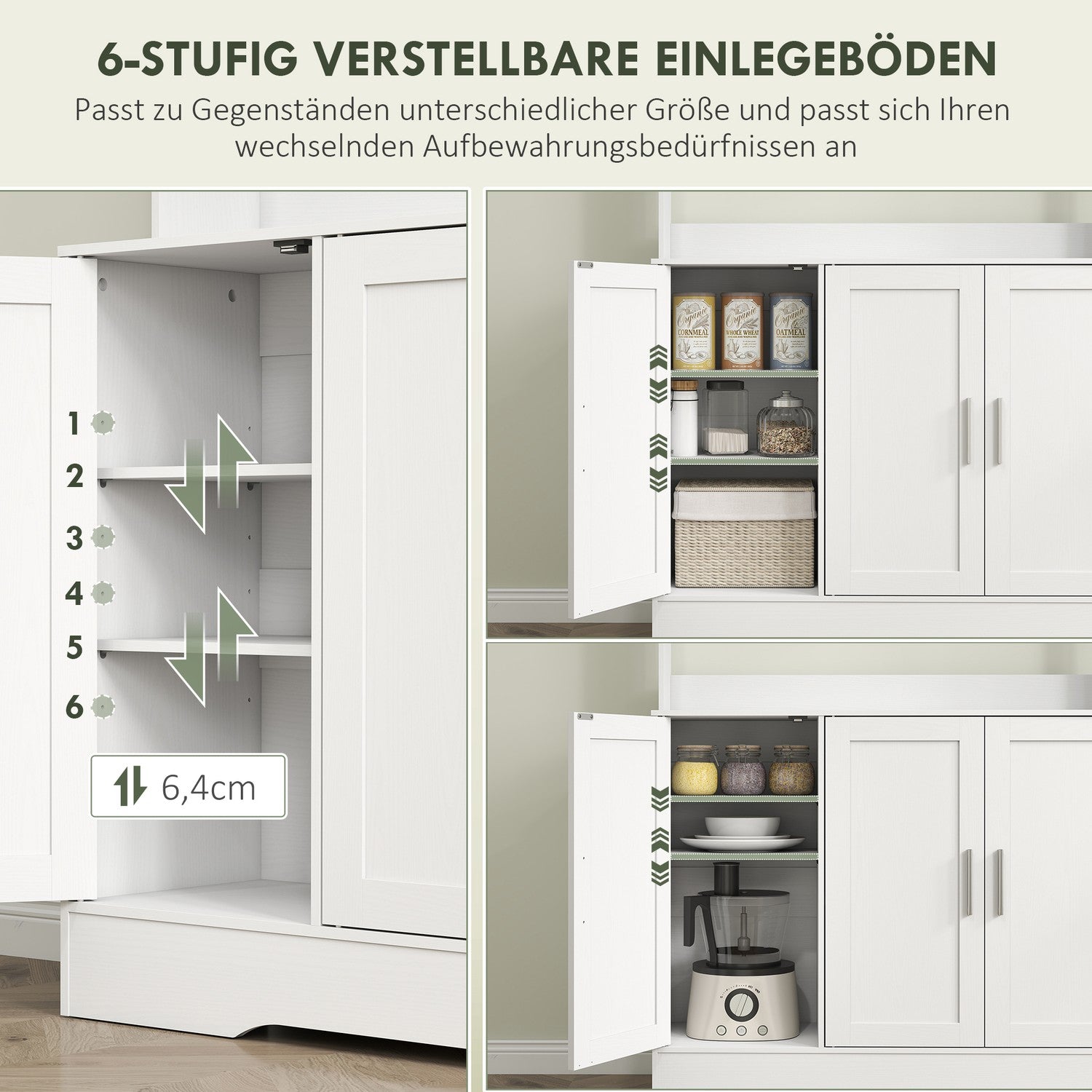 Köksskåp, skandinavisk design, 4 skåp, justerbara hyllplan, glasdörrar, öppen yta, spånskiva, MDF, vit