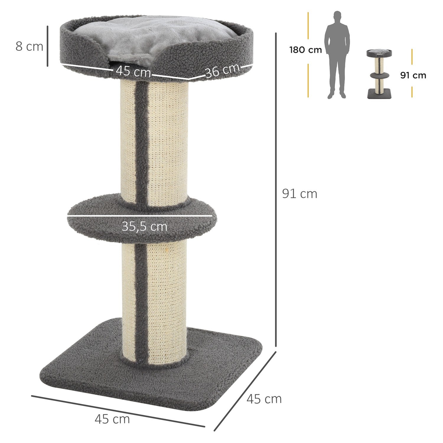 Kattskrapstolpe, 30 kg kapacitet, sisal, grå plattform