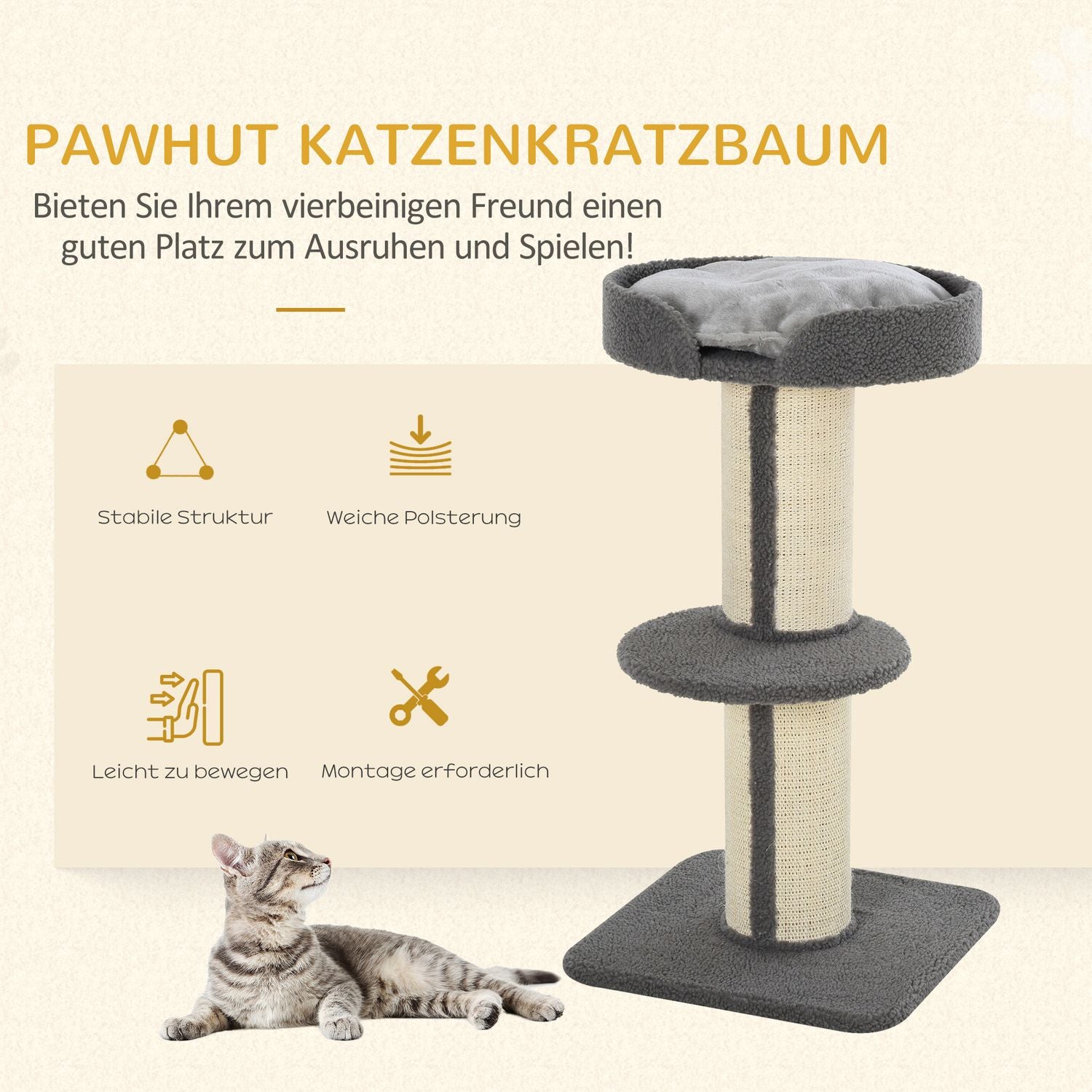 Kattskrapstolpe, 30 kg kapacitet, sisal, grå plattform