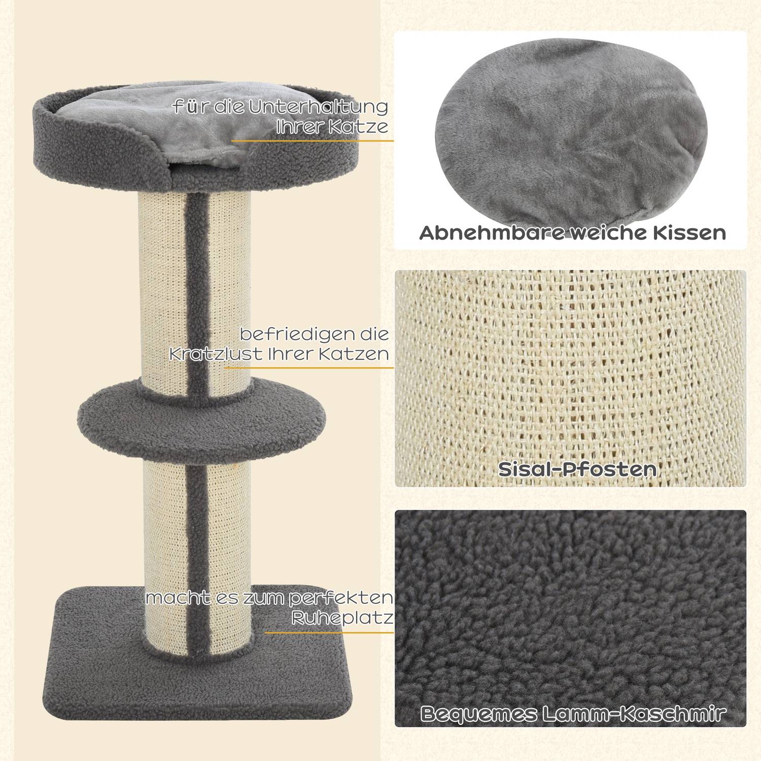 Kattskrapstolpe, 30 kg kapacitet, sisal, grå plattform