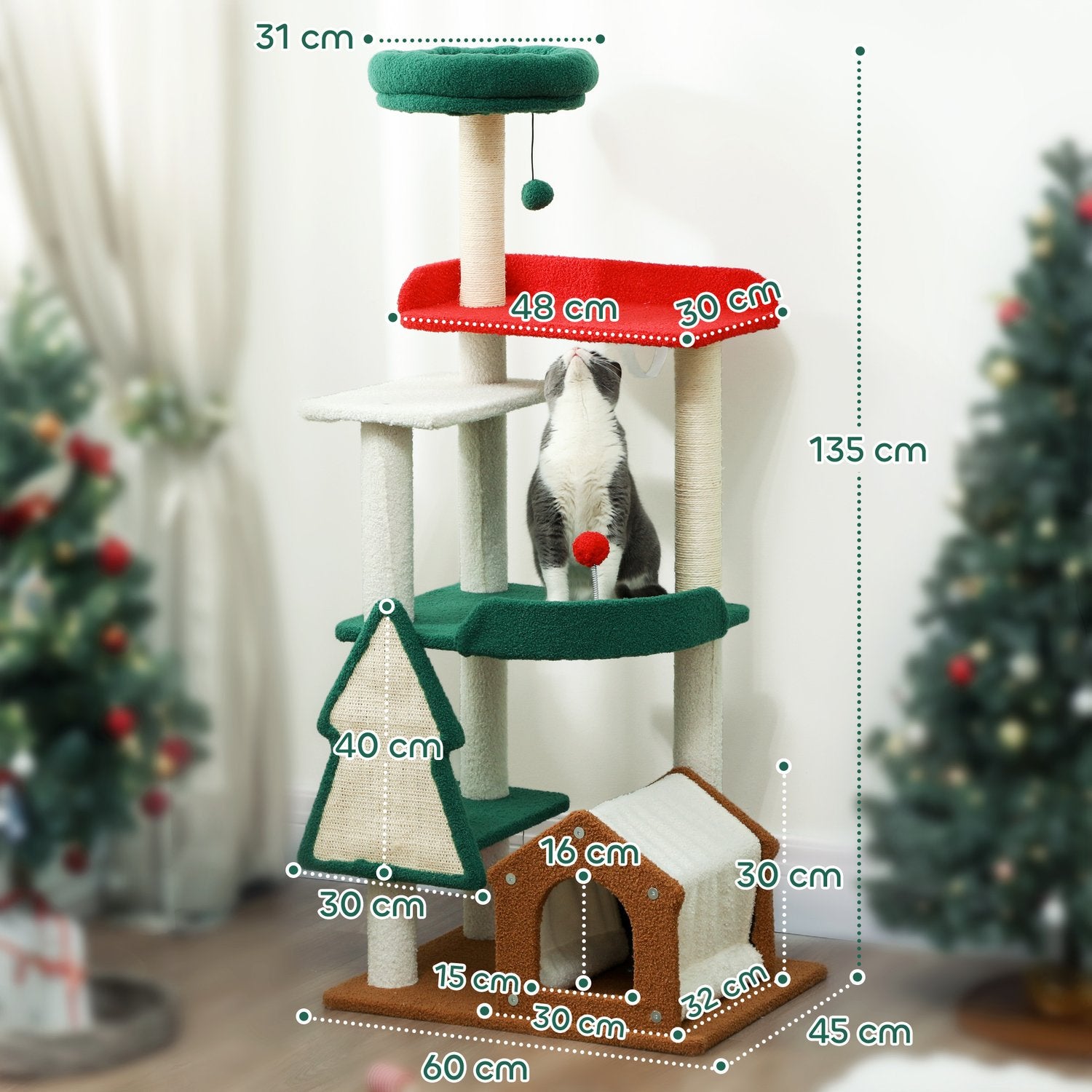 135 cm kattträd med sisalstolpe & grotta – flerfärgad