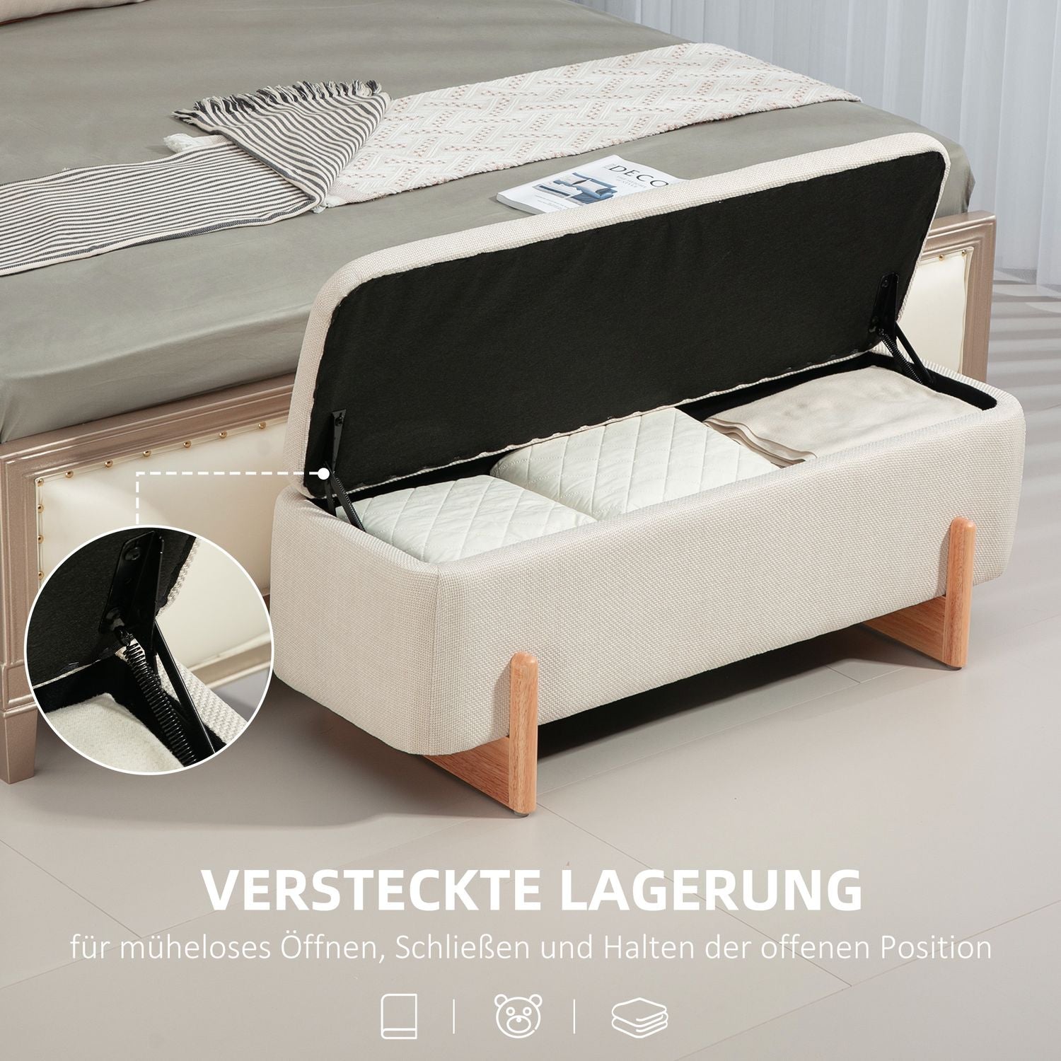 Klädd bänk med förvaring, linnelook, träben