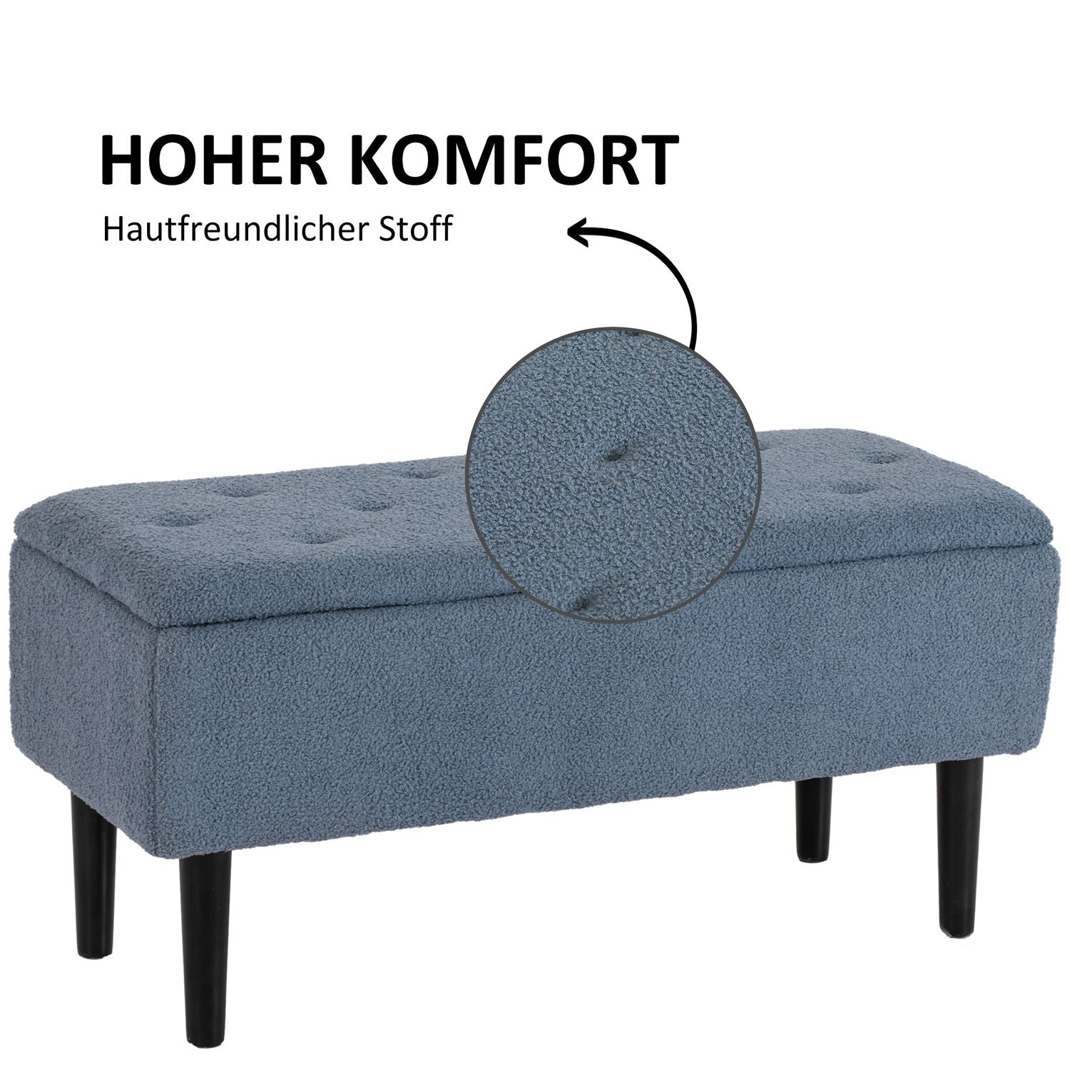 Klädd förvaringsbänk med fällbart lock – Blå 95x38x45 cm