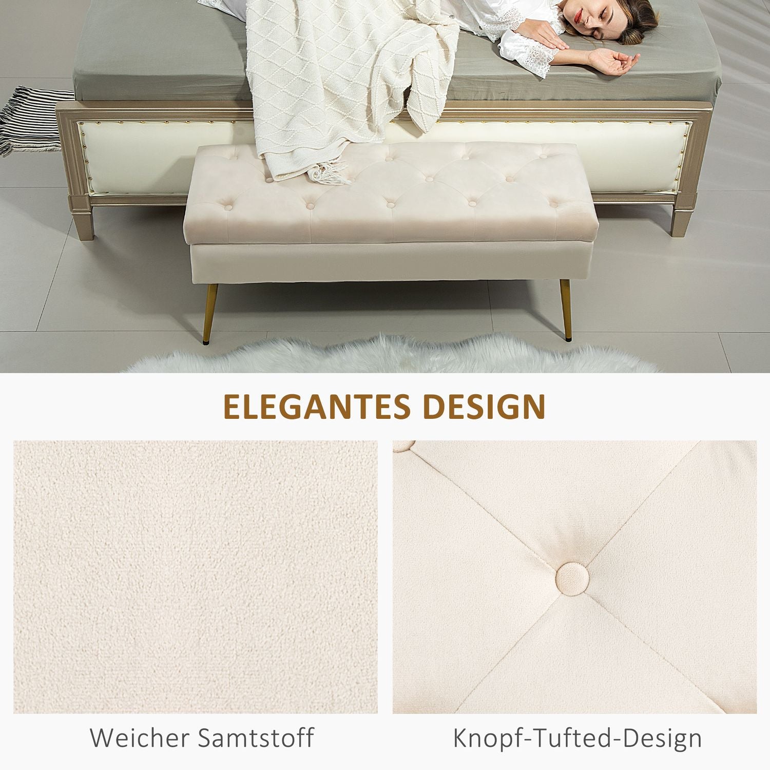 Klädd förvaringsbänk, sammetslook, beige, 102 x 35 x 43 cm