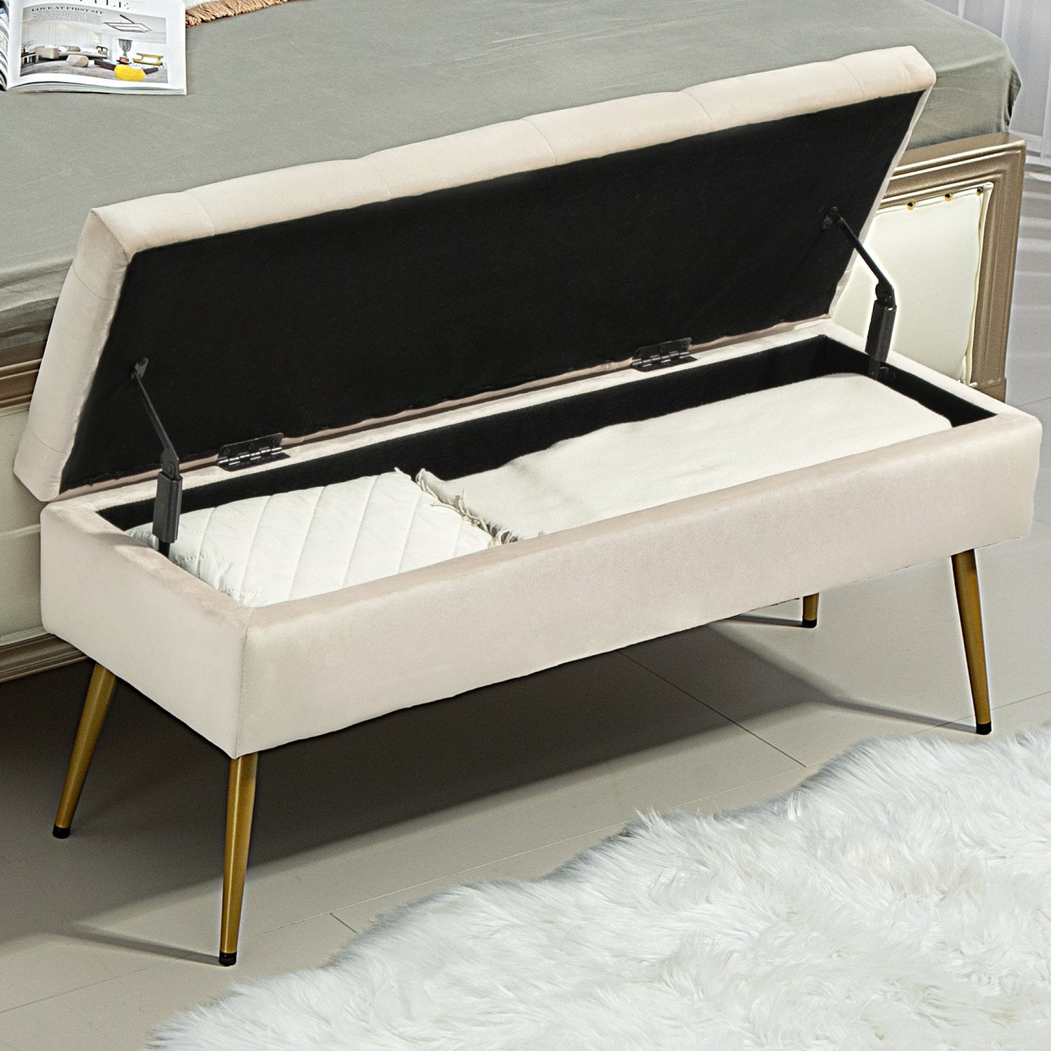 Klädd förvaringsbänk, sammetslook, beige, 102 x 35 x 43 cm