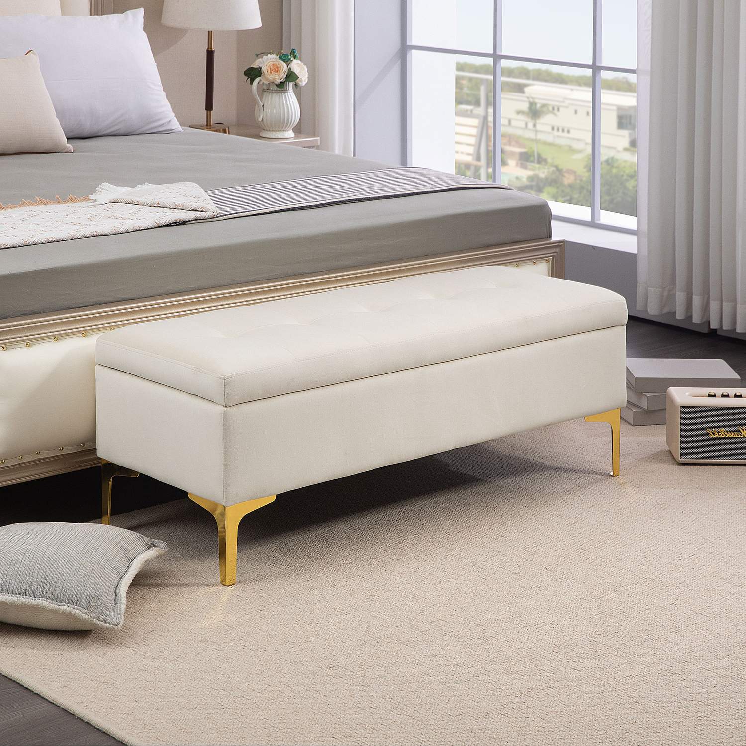 Klädd sammetsbänk med metallben, 120cm – Beige