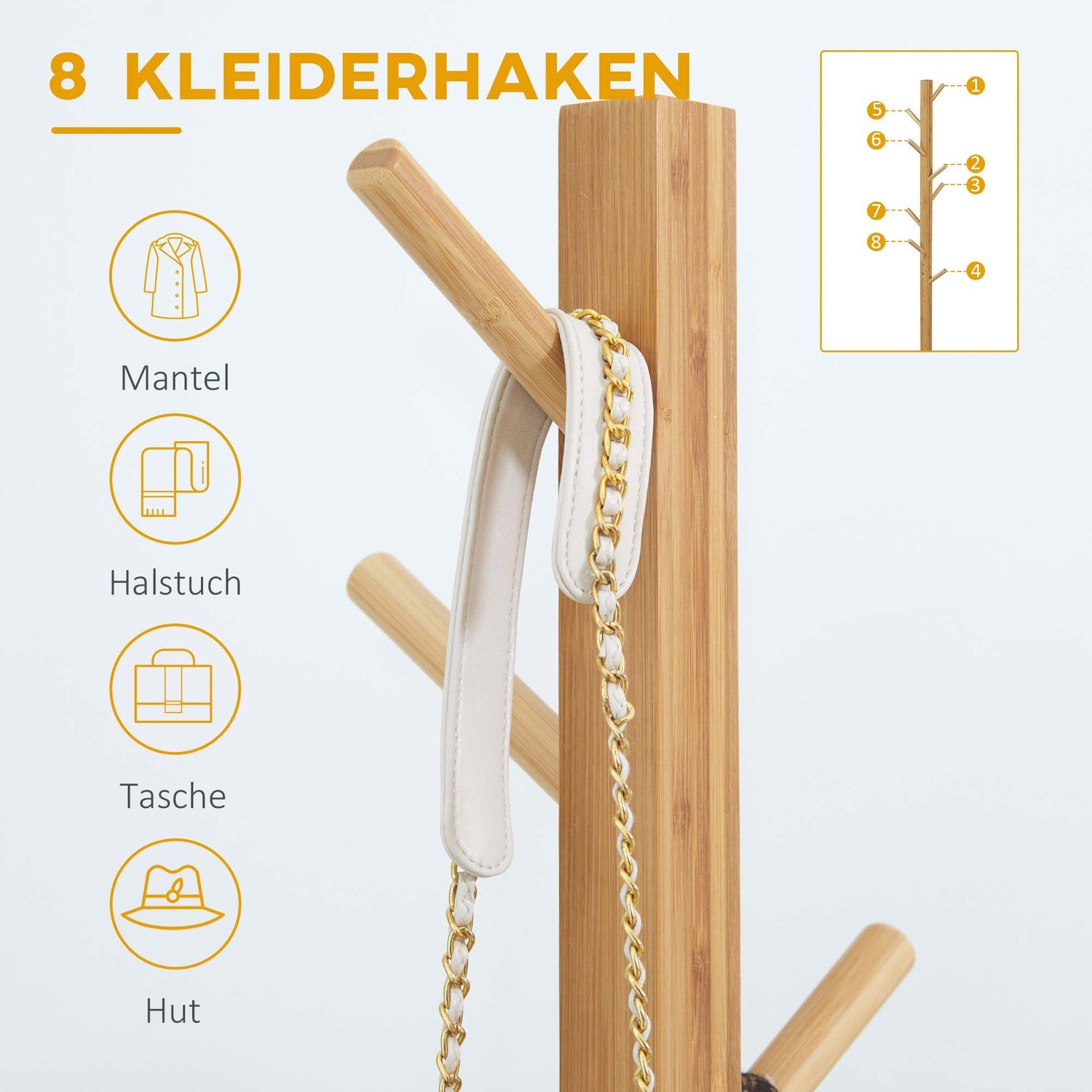 Bambu klädhängare med 8 krokar, naturlig finish, 49,5x178 cm