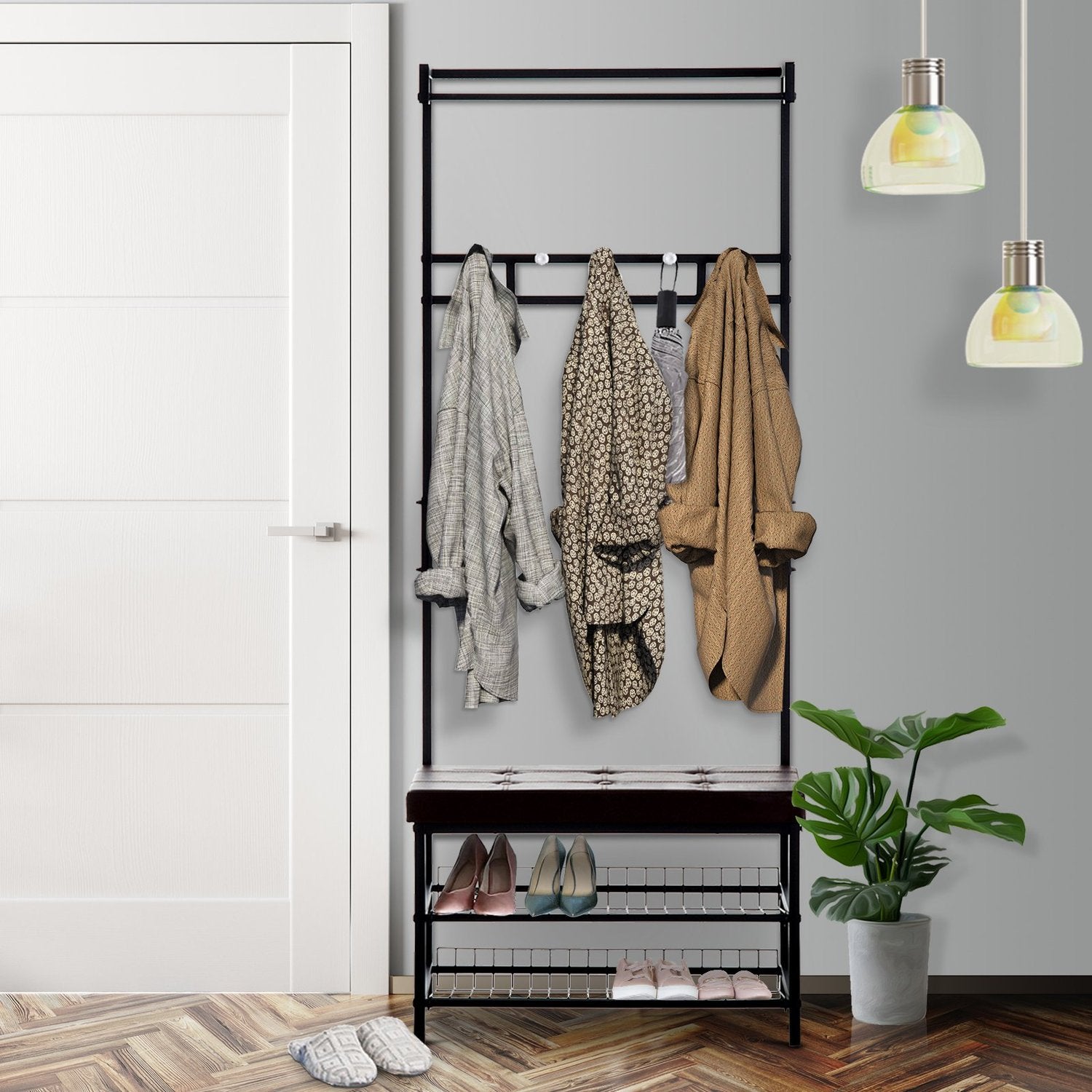 Coat Rack Bänk Combo med metallram och förvaringshyllor
