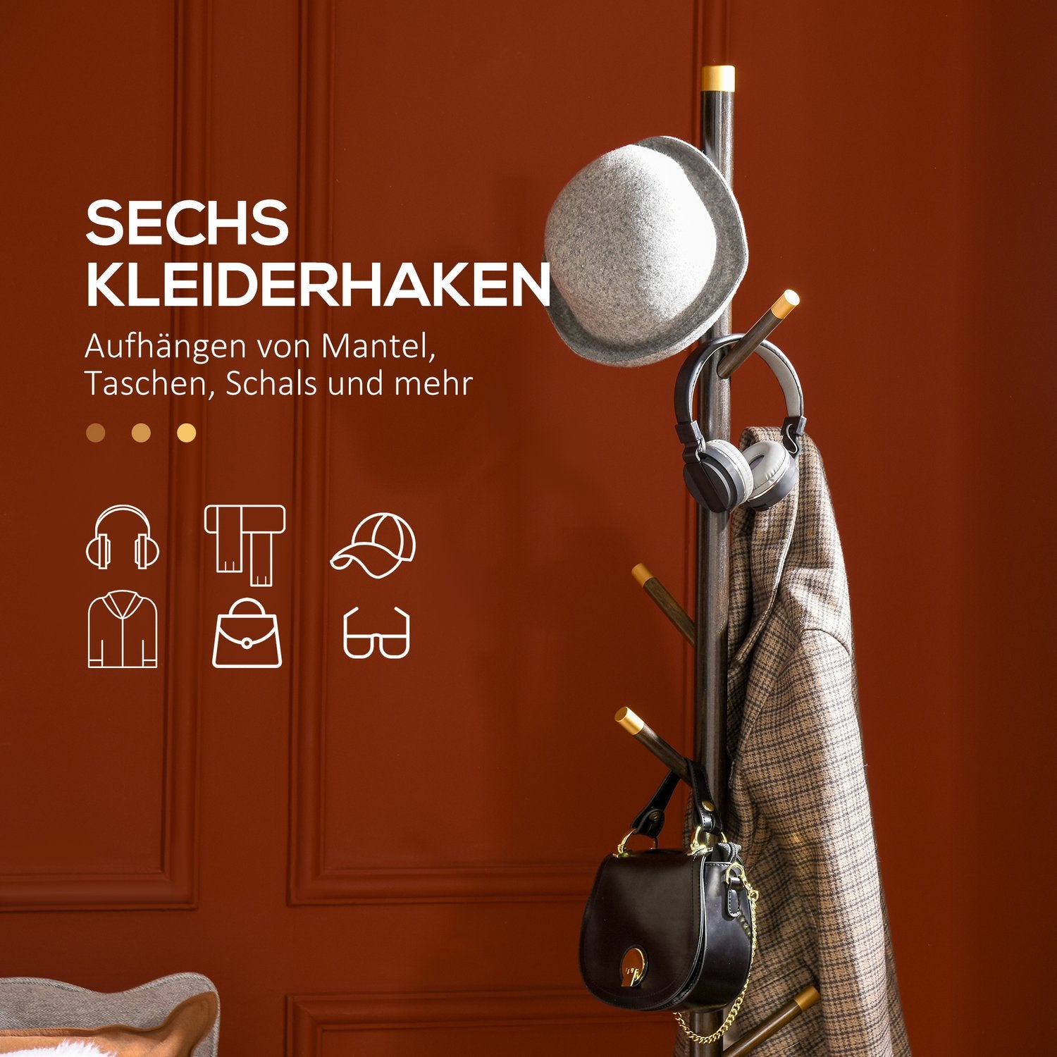 Stående metallklädhängare, 6 krokar, valnötsfinish, 180 cm