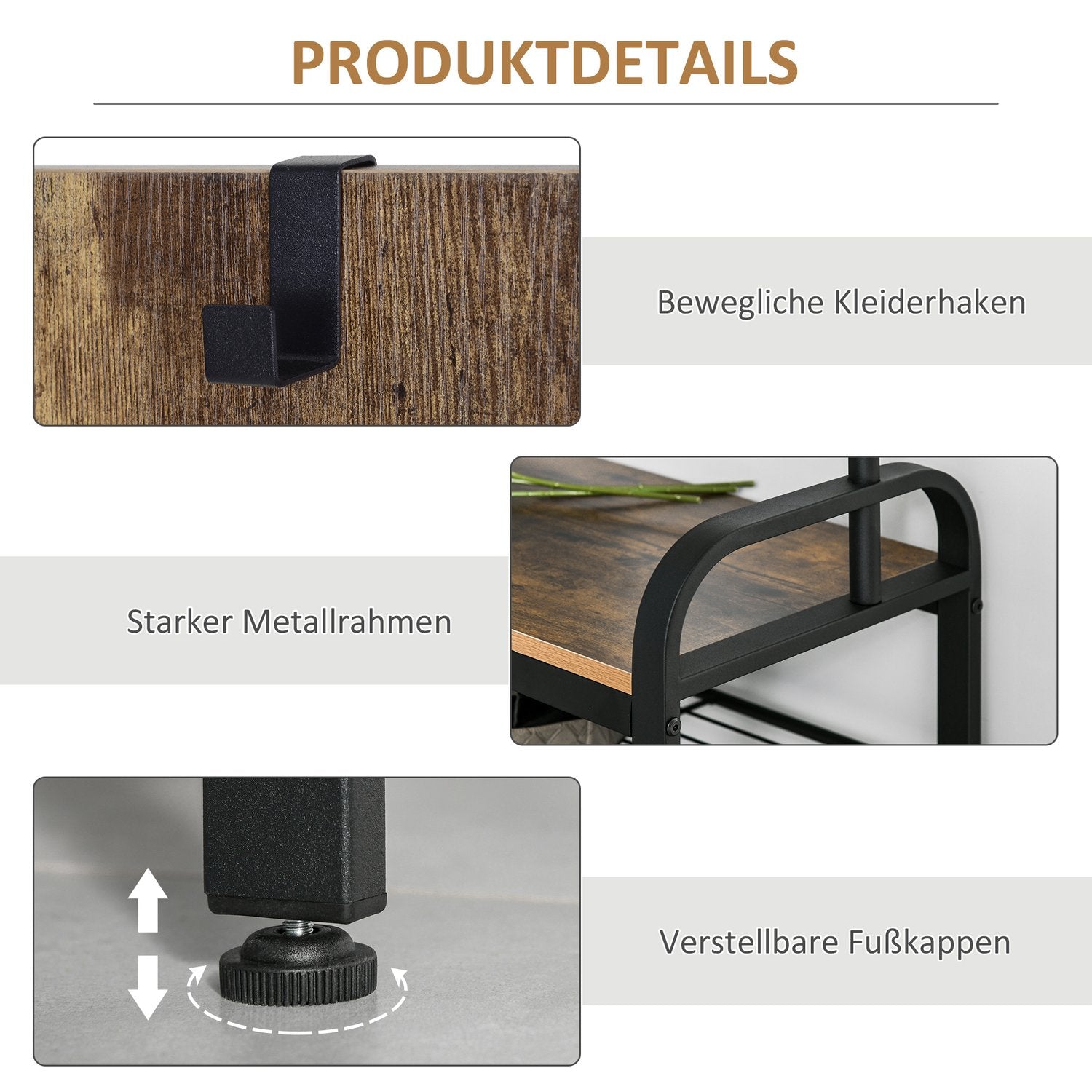 Svart MDF-rock- och skoställ – 8 krokar, 2 hyllor