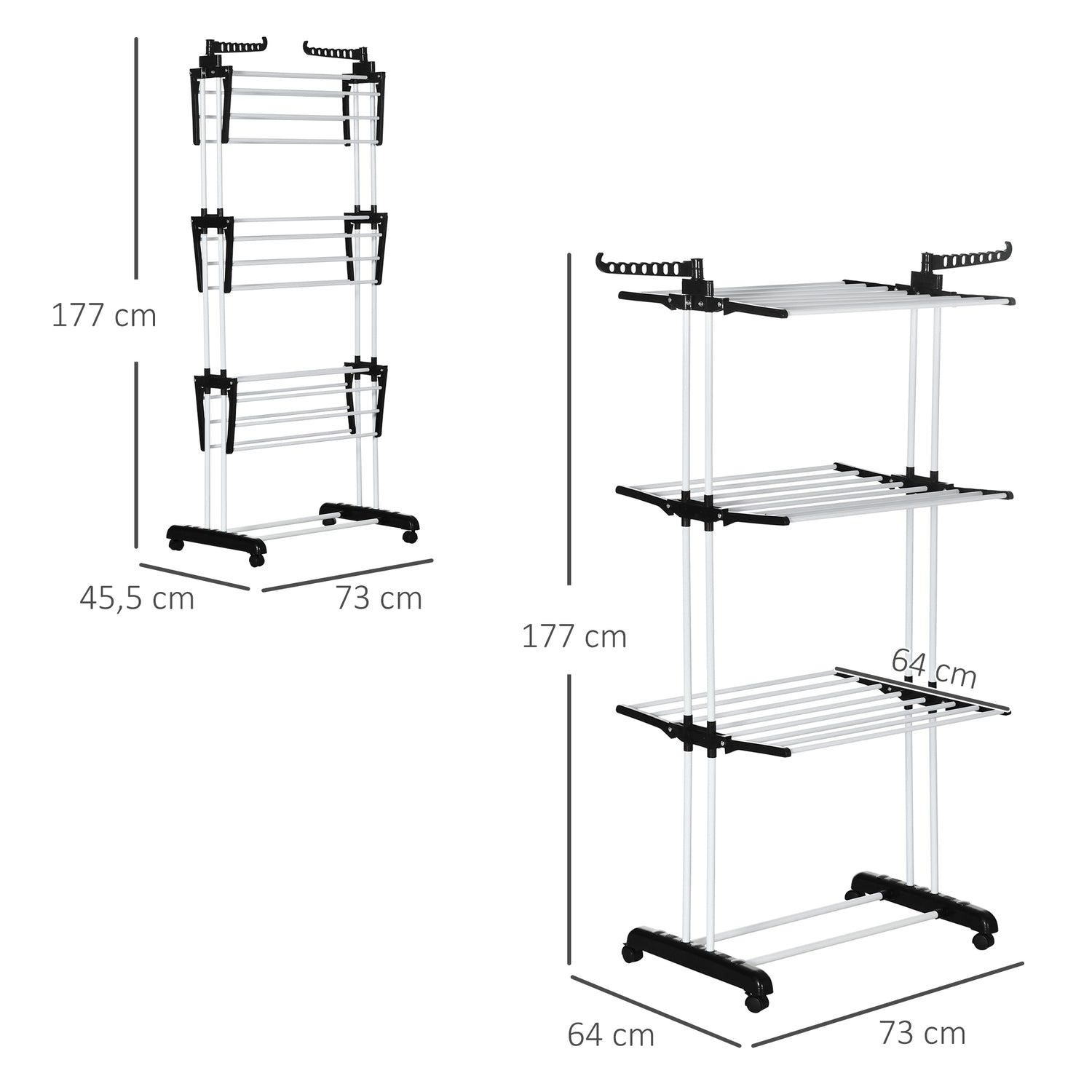 Utdragbar Black Tower Clothes Airer med hjul 4 nivåer